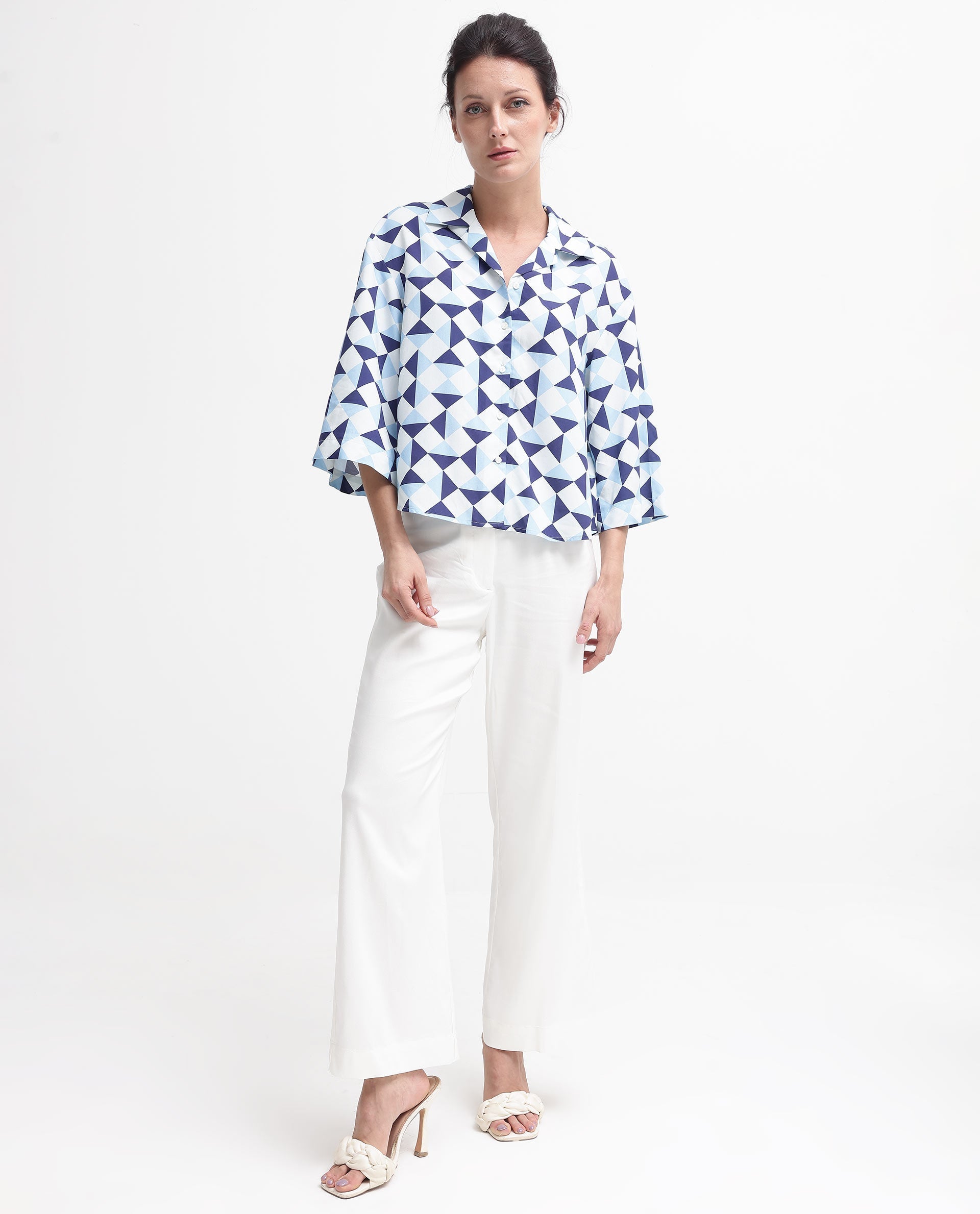 Rareism Women Acerra Blue 3/4Th Sleeve Collared Neck Button Closure Geometric Print Shirt