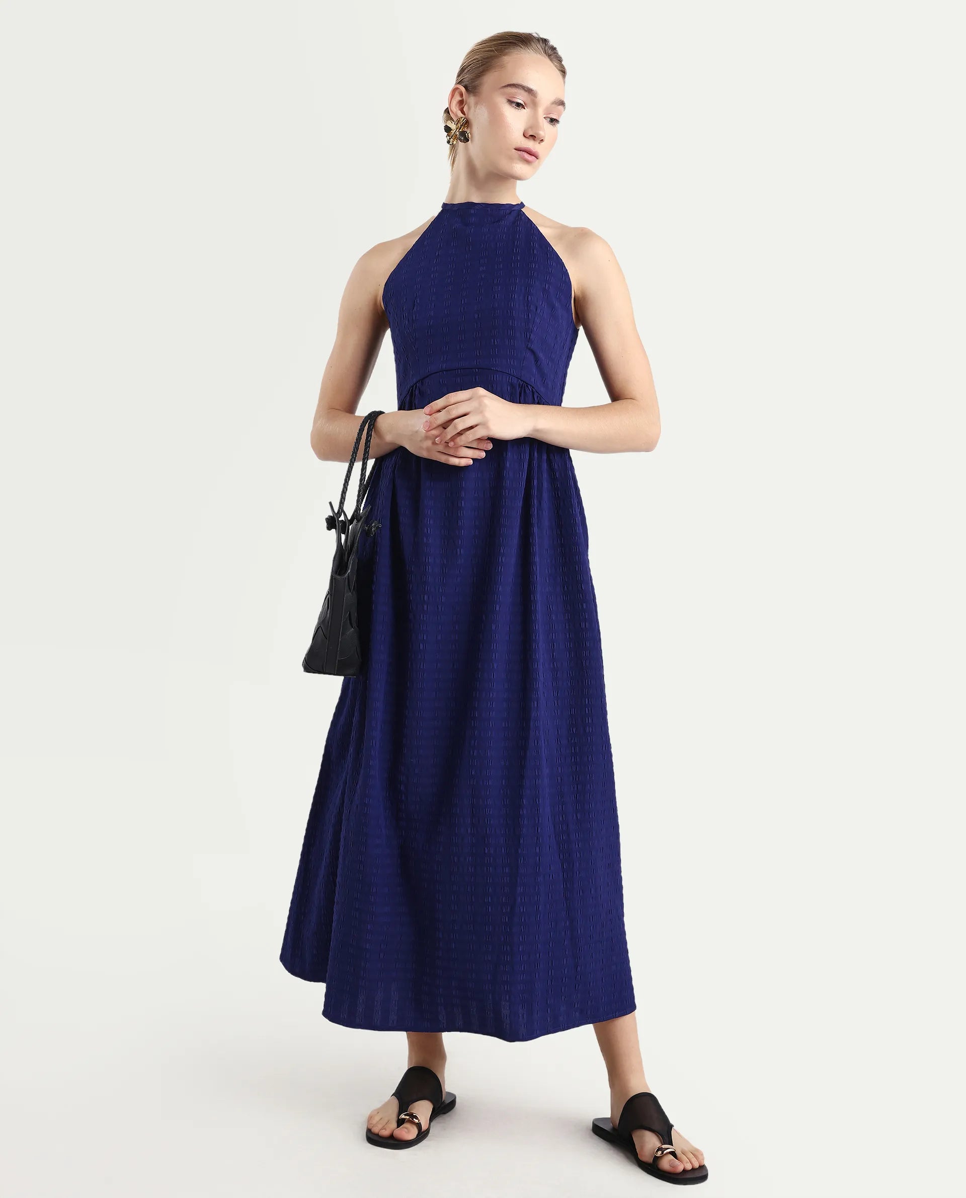 Rareism Women's Acina Blue Polyester Sleeveless Fit And Flare Plain Dress