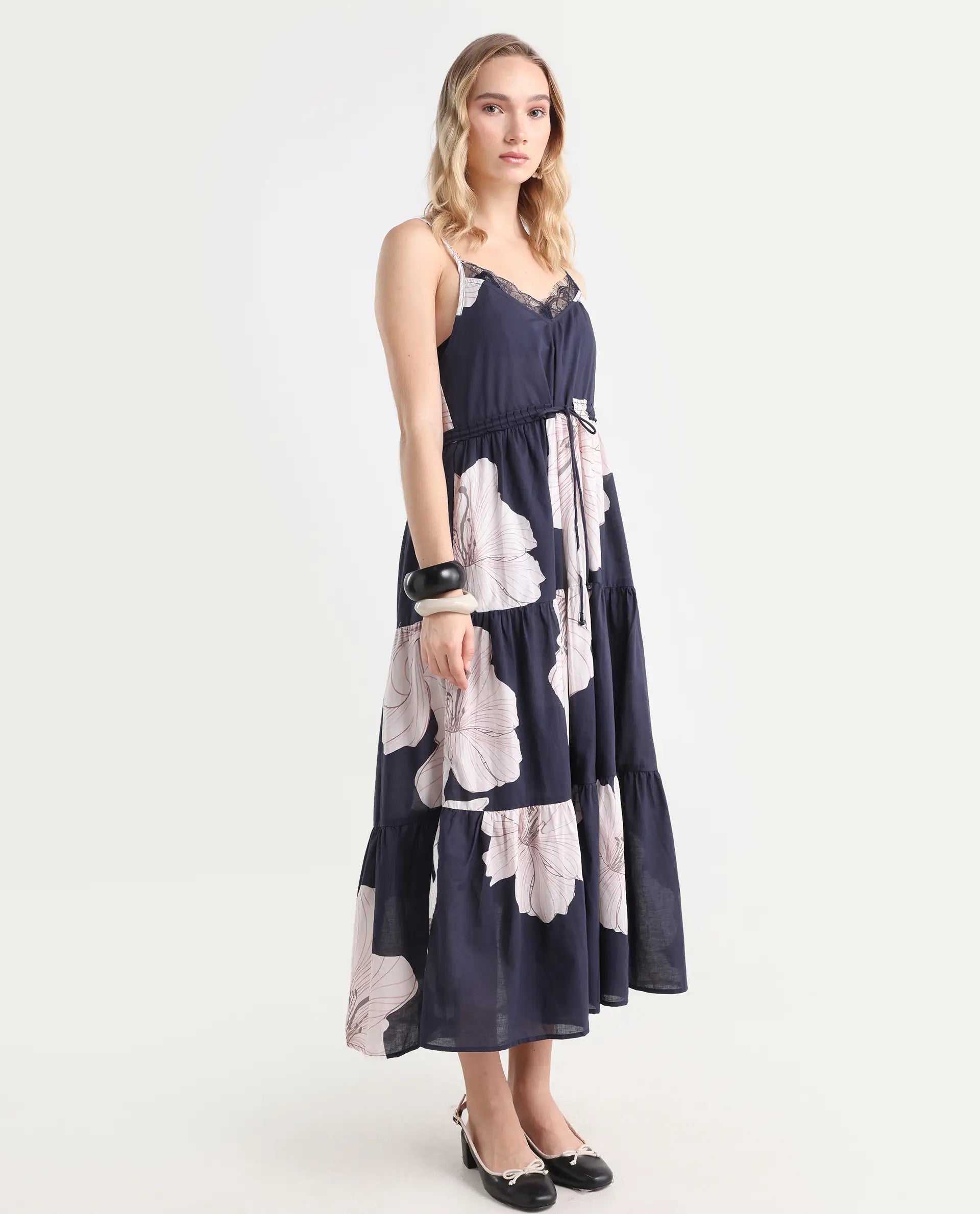 Rareism Women's Acker Navy Cotton V-Neck Floral Print Shoulder Strap Midi Relaxed Fit Dress