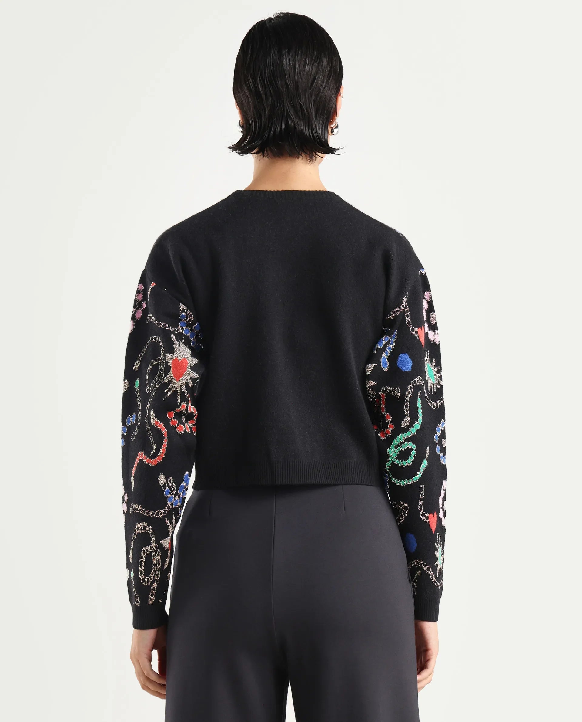 Rareism Women's Adana Black Viscose Crew Neck Abstract Print Regular Fit Sweater