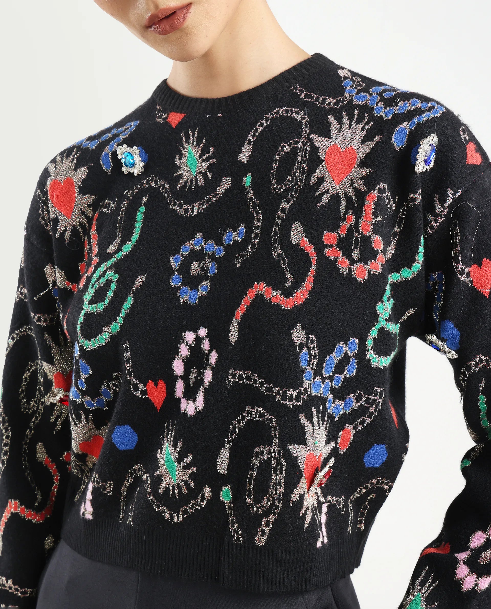 Rareism Women's Adana Black Viscose Crew Neck Abstract Print Regular Fit Sweater