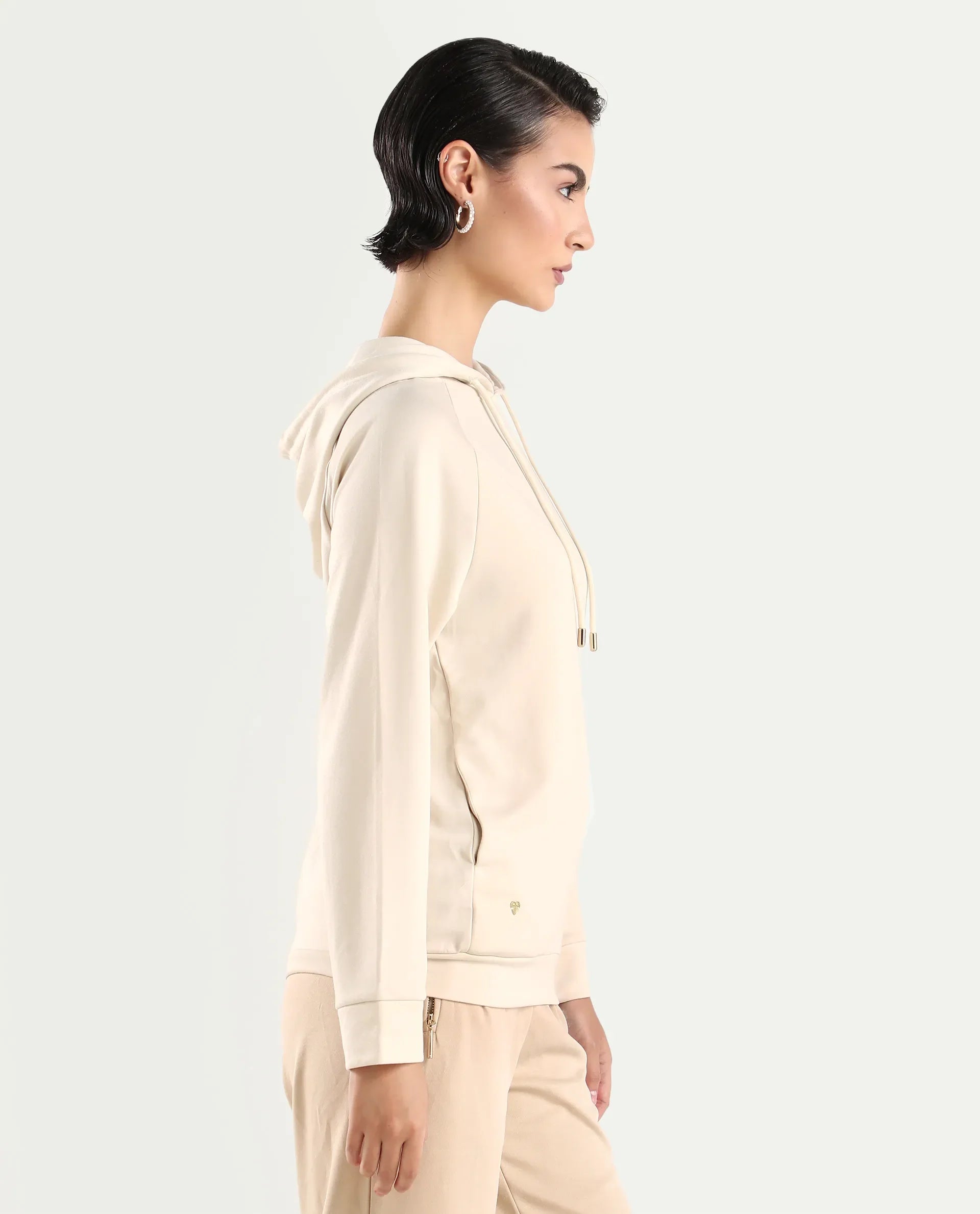 Rareism Women's Adani Off White Modal Blend Hooded Plain Relaxed Fit Sweatshirt