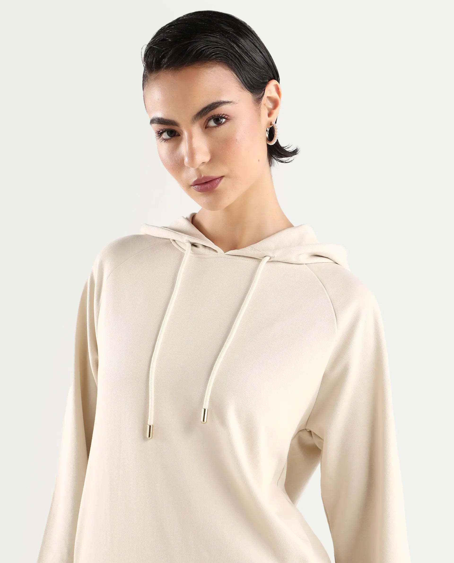 Rareism Women's Adani Off White Modal Blend Hooded Plain Relaxed Fit Sweatshirt