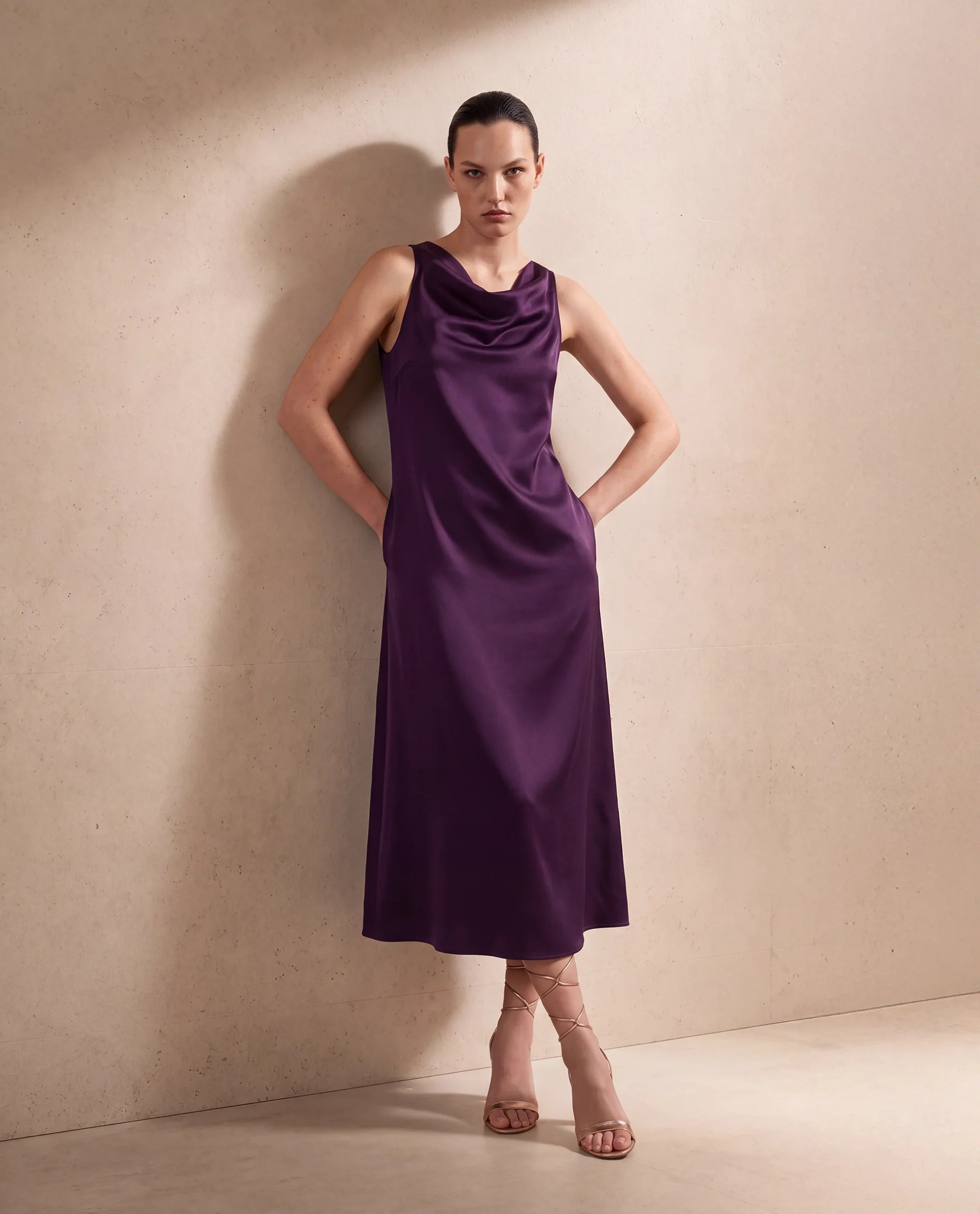 Rareism Women's Addina Purple Polyester Cowl Neck Pull-On Bodycon Plain Dress