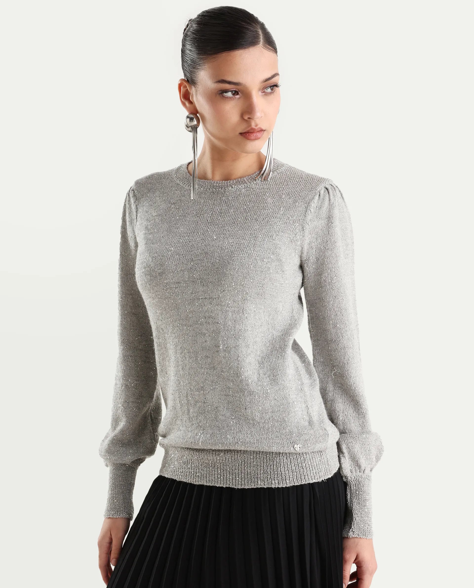 Rareism Women's Adiyaman T Grey Polyester Crew Neck Plain Regular Fit Sweater