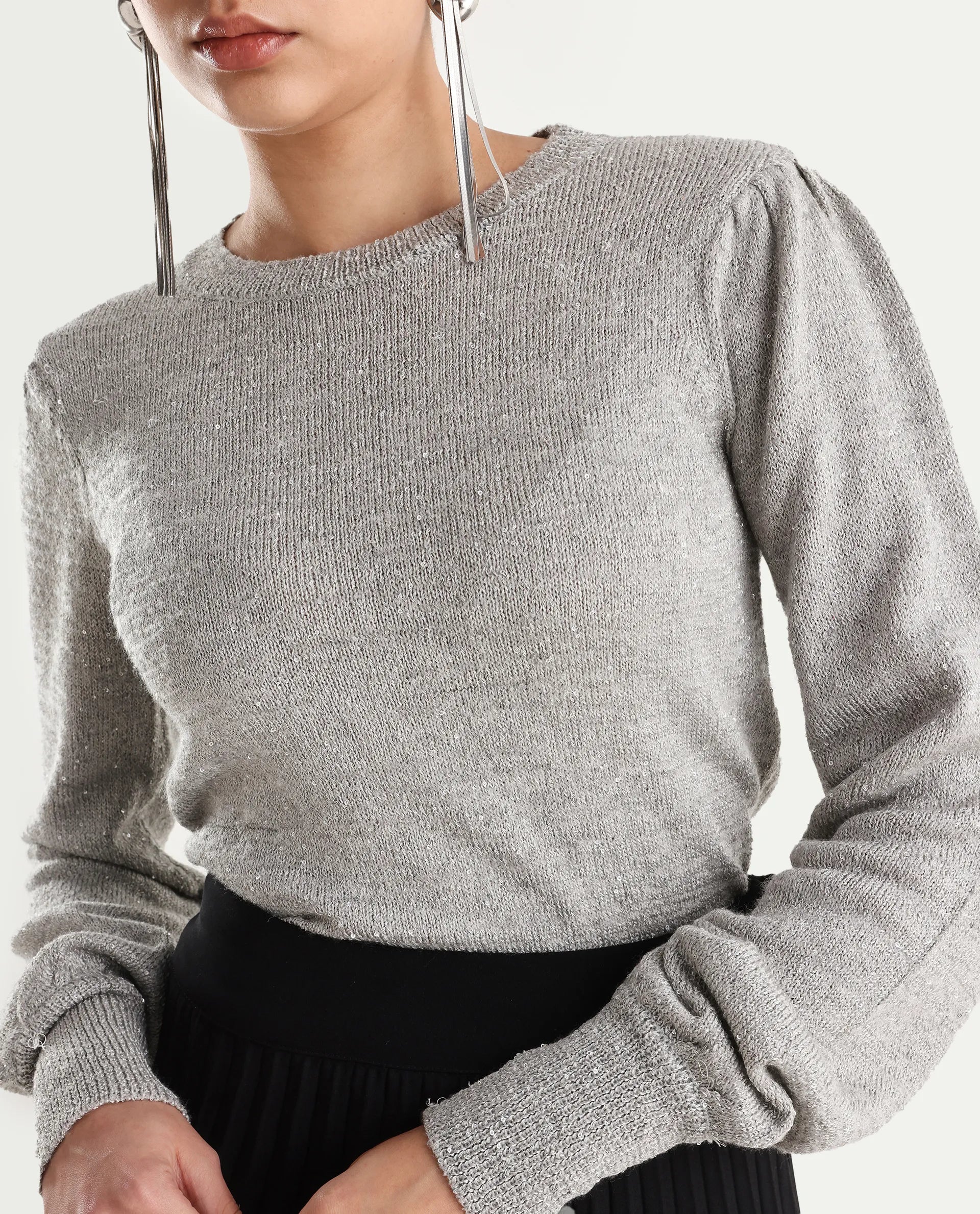 Rareism Women's Adiyaman T Grey Polyester Crew Neck Plain Regular Fit Sweater