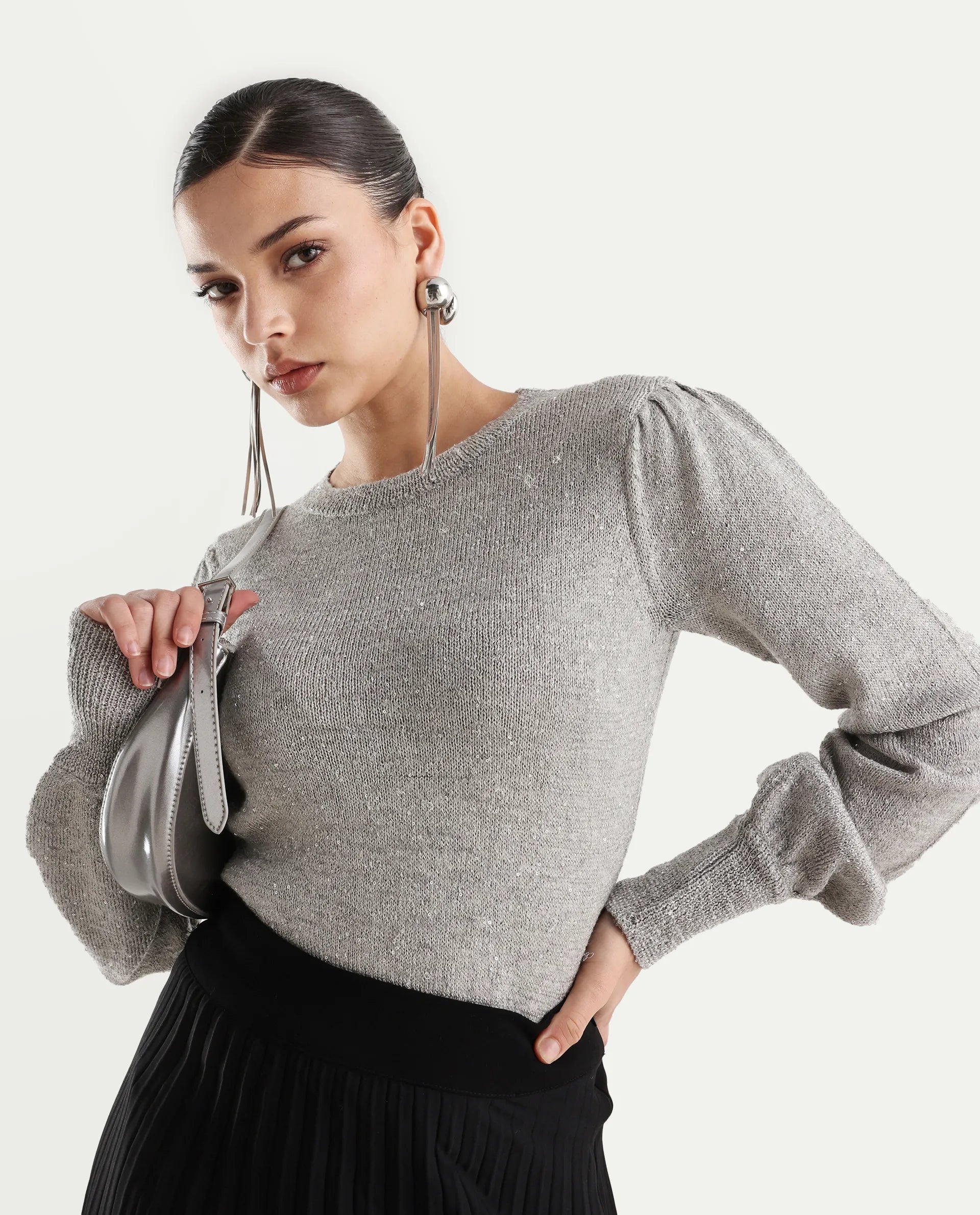 Rareism Women's Adiyaman T Grey Polyester Crew Neck Plain Regular Fit Sweater