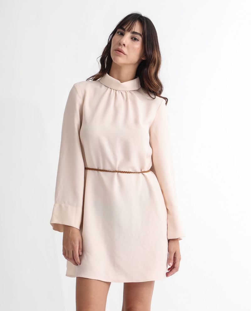 Rareism Women Adler Light Beige Polyester Fabric Full Sleeves Choker Neck Tailored Fit Plain Mini Dress