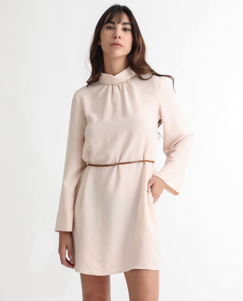 Rareism Women Adler Light Beige Polyester Fabric Full Sleeves Choker Neck Tailored Fit Plain Mini Dress