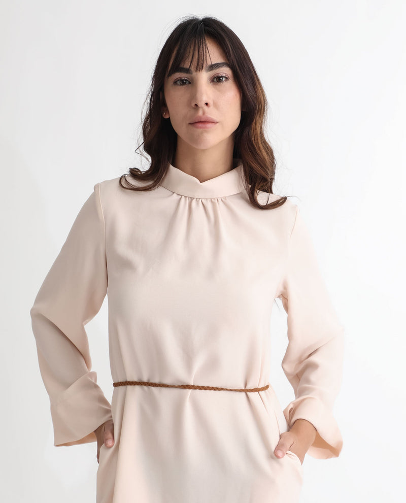 Rareism Women Adler Light Beige Polyester Fabric Full Sleeves Choker Neck Tailored Fit Plain Mini Dress