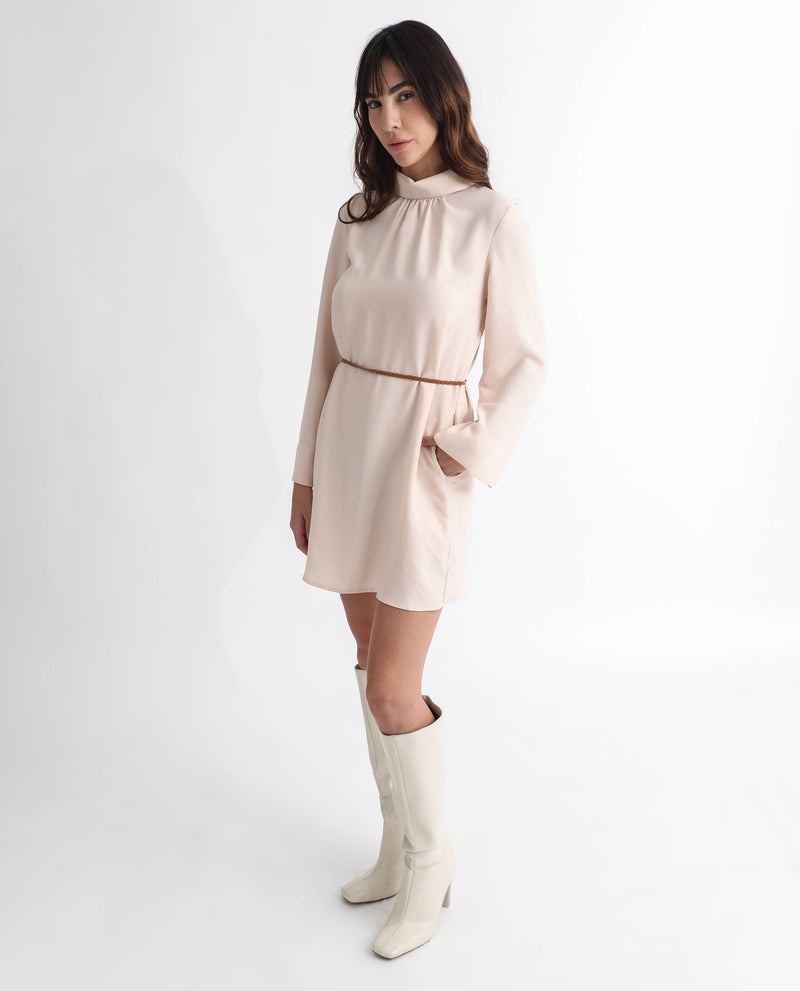 Rareism Women Adler Light Beige Polyester Fabric Full Sleeves Choker Neck Tailored Fit Plain Mini Dress