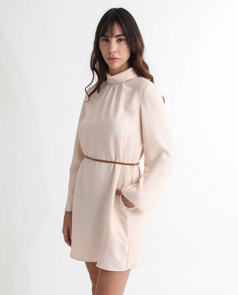 Rareism Women Adler Light Beige Polyester Fabric Full Sleeves Choker Neck Tailored Fit Plain Mini Dress