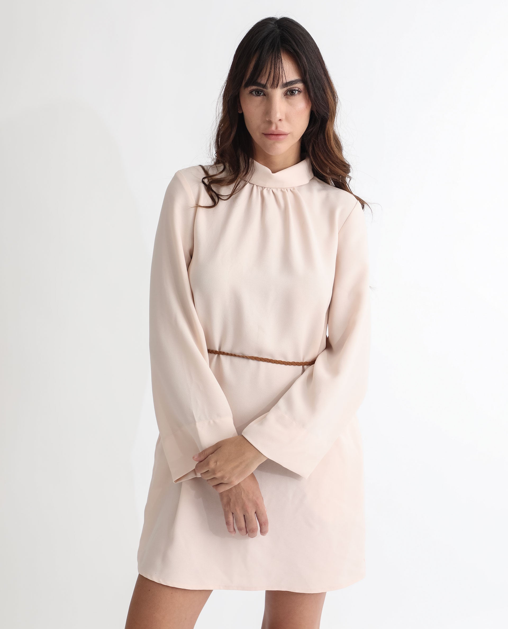 Rareism Women Adler Light Beige Polyester Fabric Full Sleeves Choker Neck Tailored Fit Plain Mini Dress