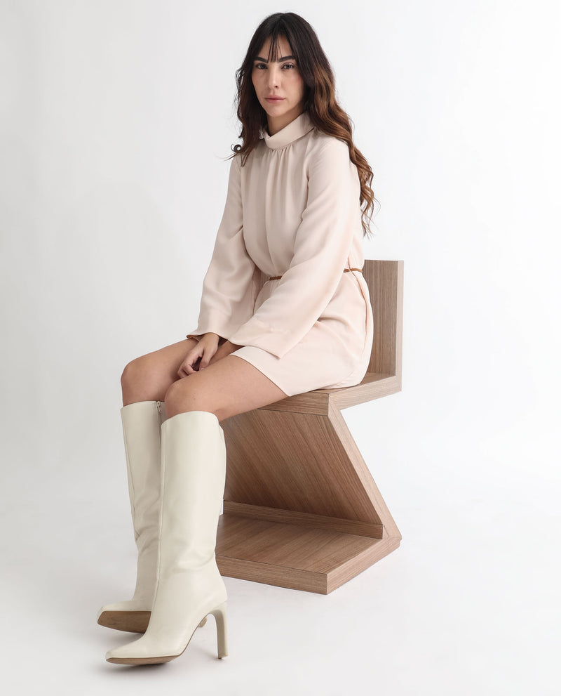 Rareism Women Adler Light Beige Polyester Fabric Full Sleeves Choker Neck Tailored Fit Plain Mini Dress