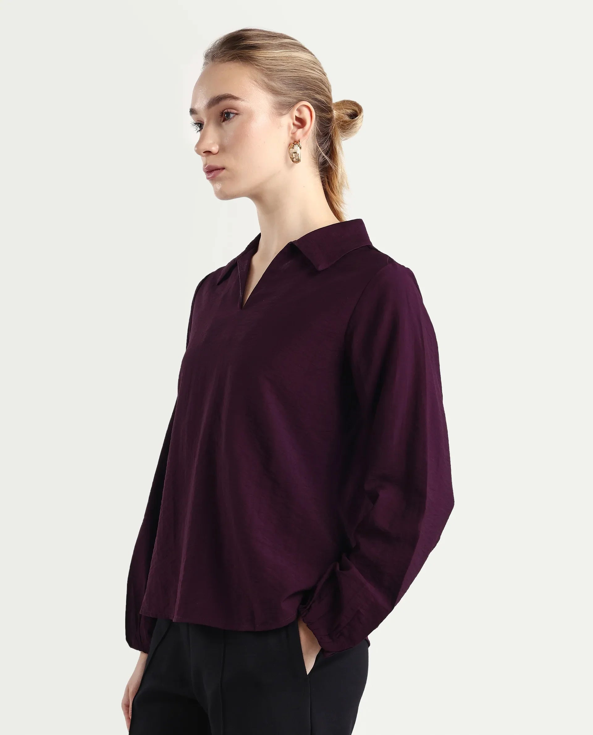 Rareism Women's Aeron Maroon Viscose Blend Full Sleeve Regular Fit Plain Top