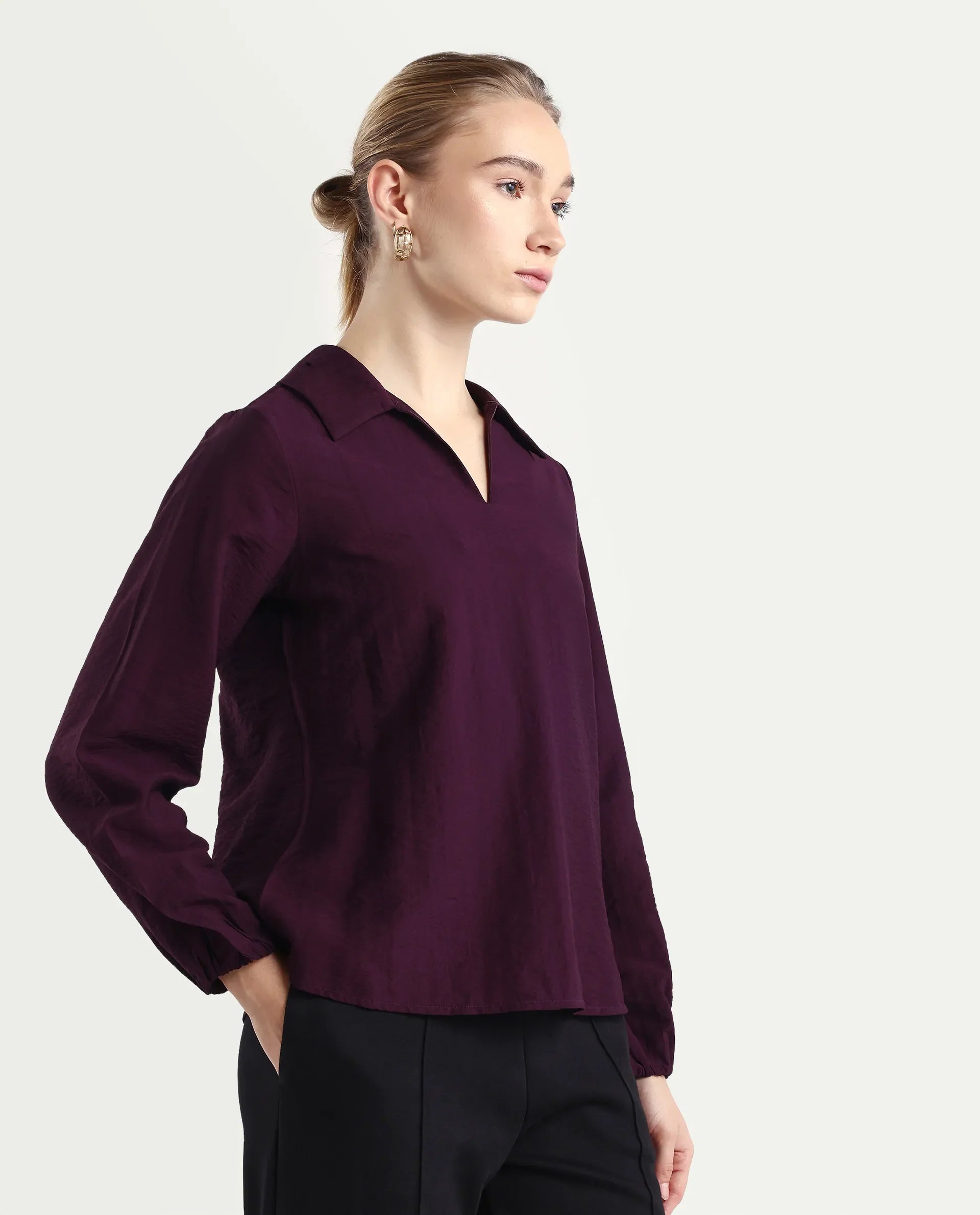 Rareism Women's Aeron Maroon Viscose Blend Full Sleeve Regular Fit Plain Top