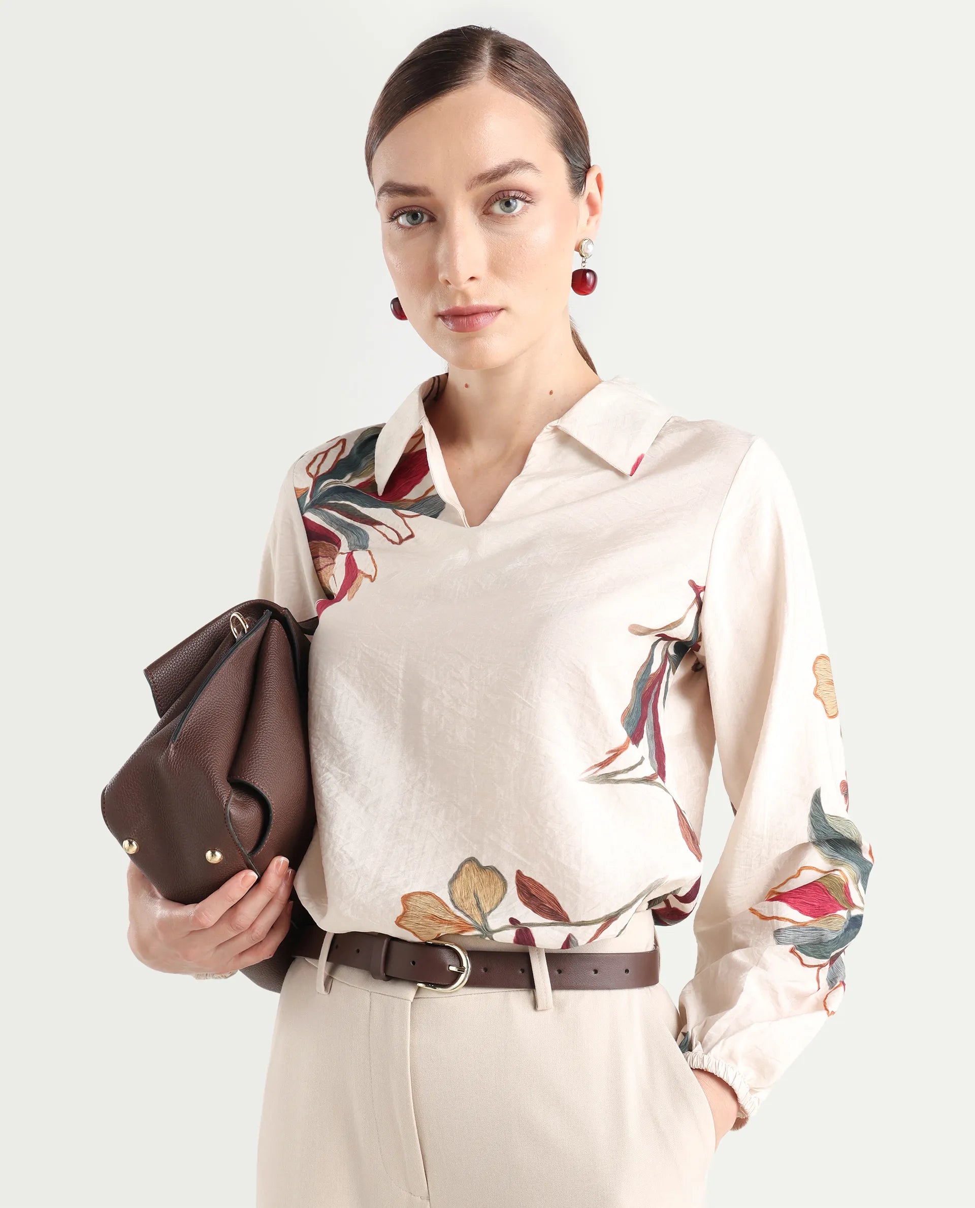 Rareism Women's Aero Beige Viscose Blend Spread Collar Regular Abstract Print Top