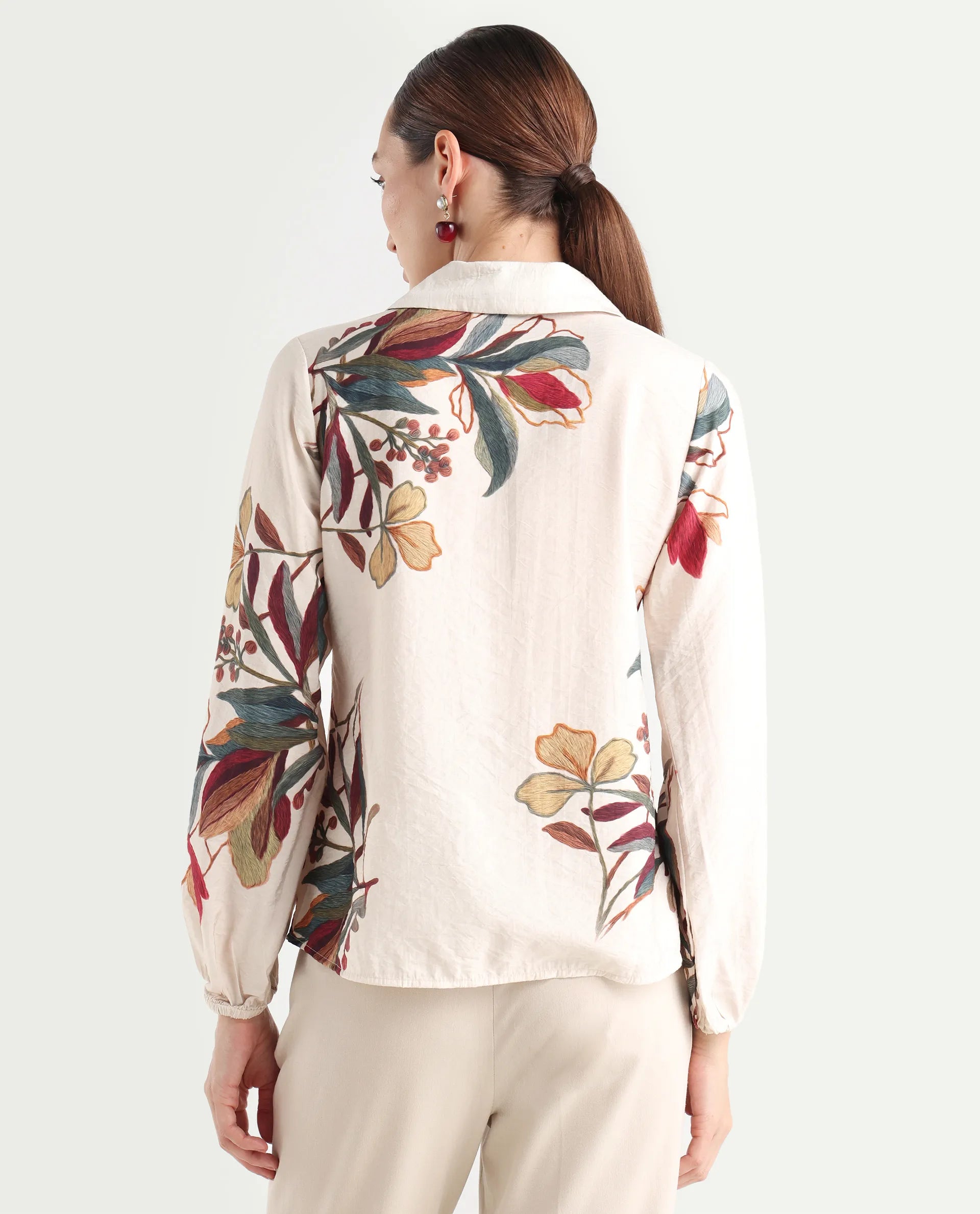 Rareism Women's Aero Beige Viscose Blend Spread Collar Regular Abstract Print Top