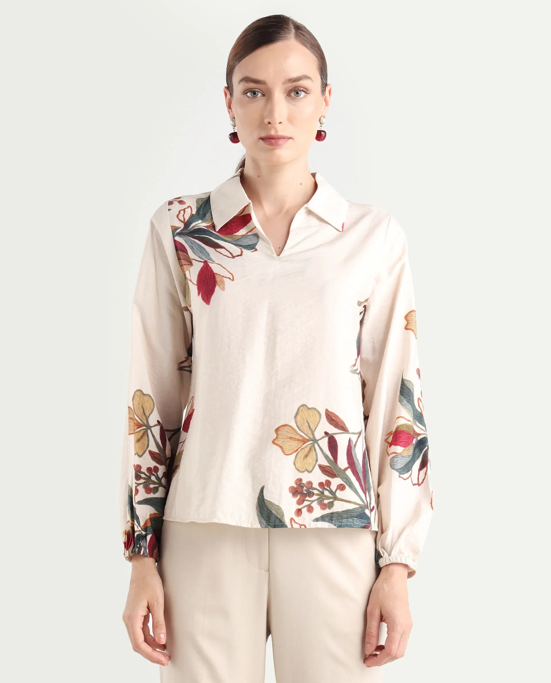 Rareism Women's Aero Beige Viscose Blend Spread Collar Regular Abstract Print Top