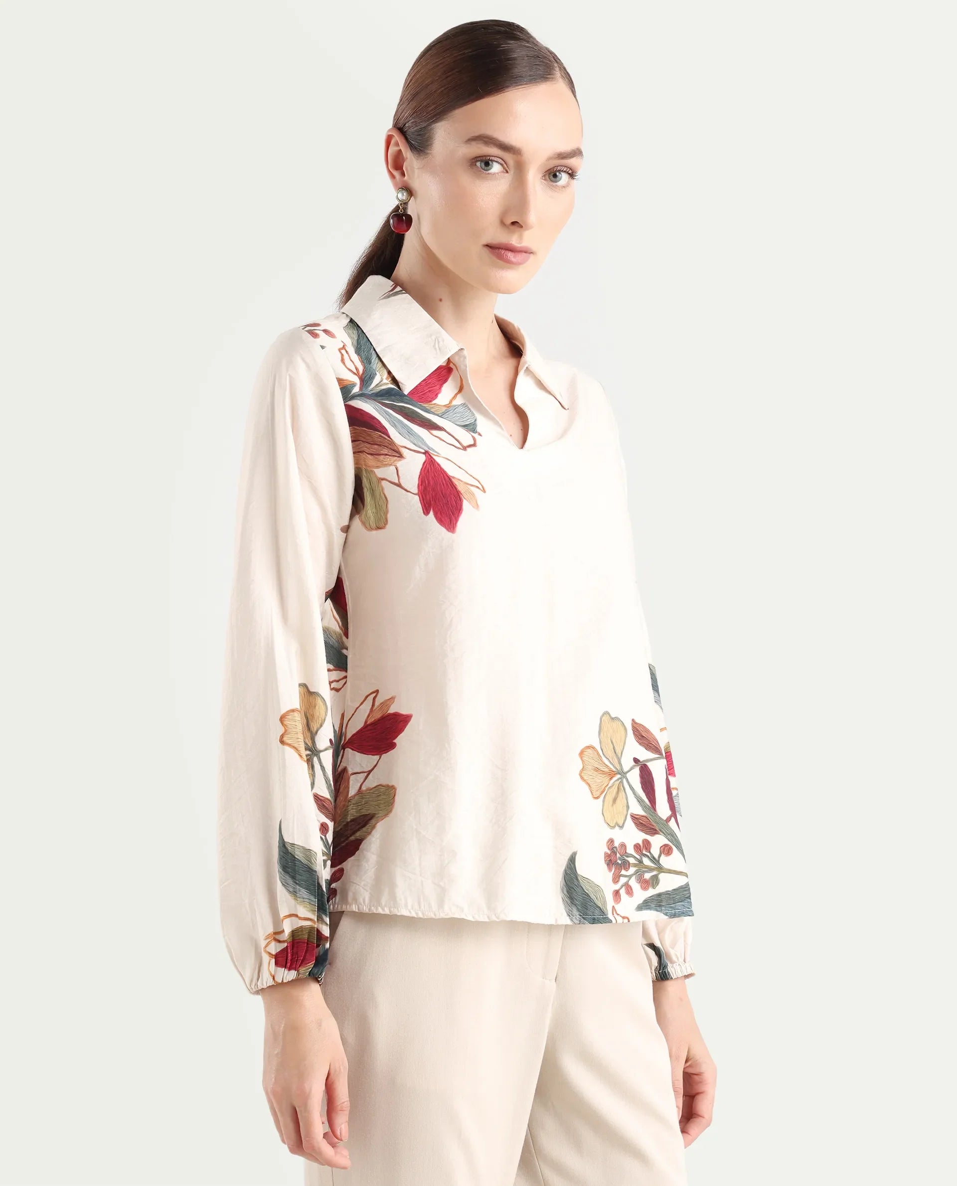 Rareism Women's Aero Beige Viscose Blend Spread Collar Regular Abstract Print Top