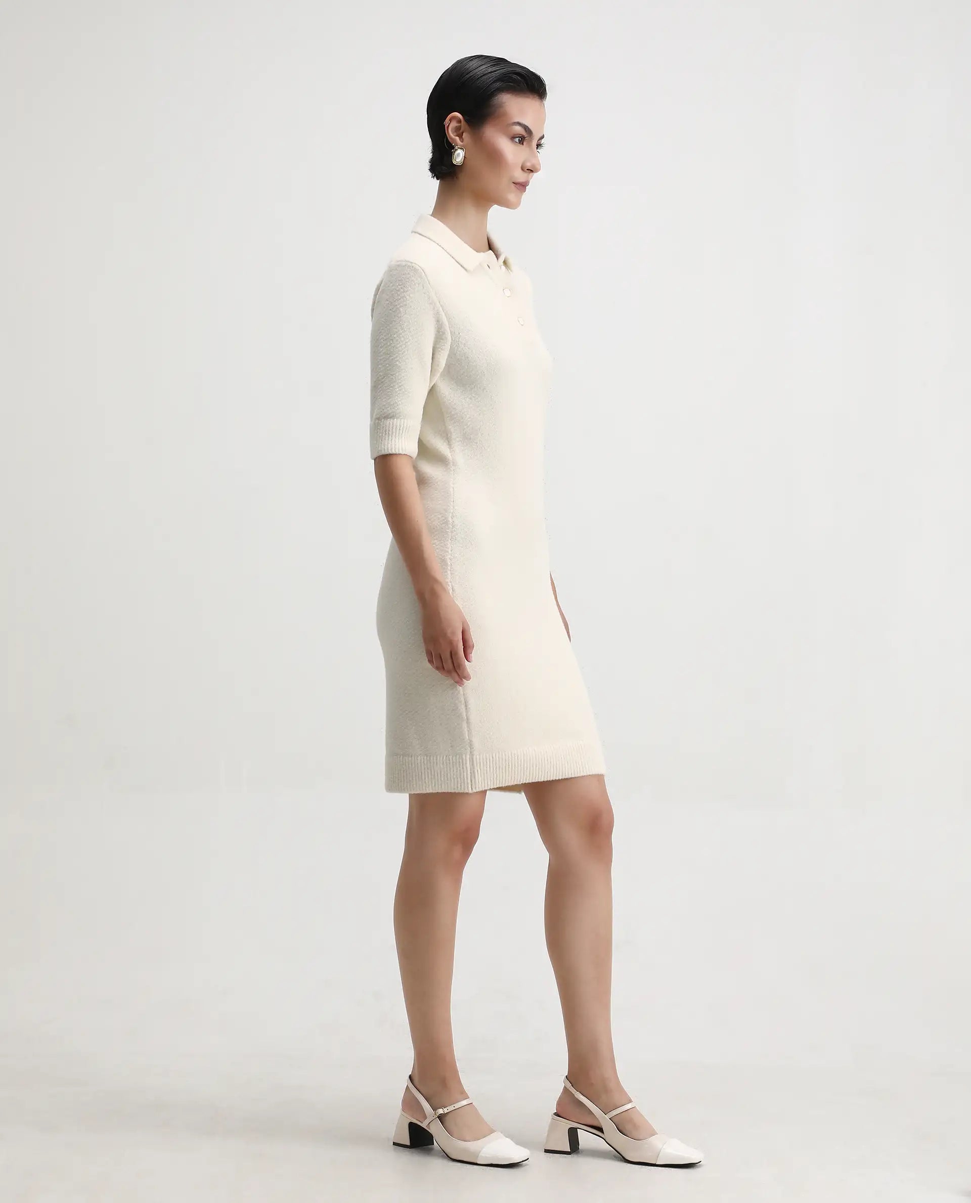 Rareism Women's Afchen Off White Nylon Spread Collar Regular Fit Plain Dress