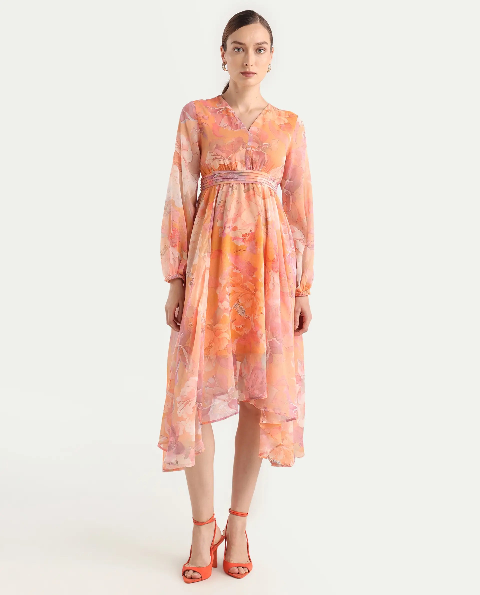 Rareism Women's Afriko Light Multi Polyester V-Neck Fit And Flare Floral Print Dress