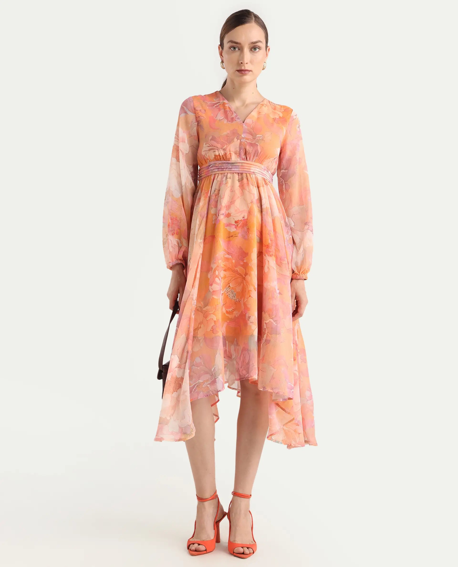 Rareism Women's Afriko Light Multi Polyester V-Neck Fit And Flare Floral Print Dress