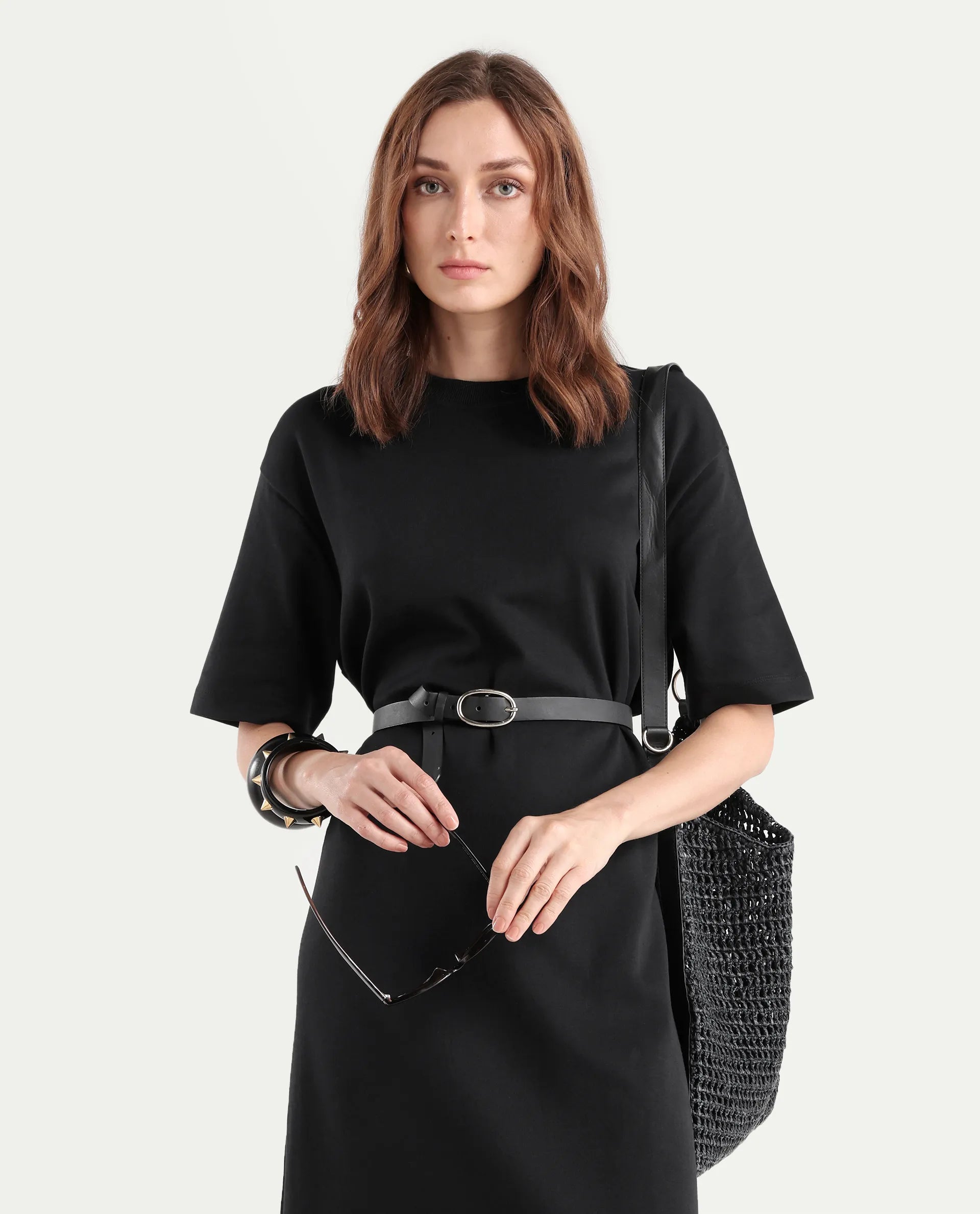 Rareism Women's Afrinca Black Cotton Blend Crew Neck Plain Maxi Relaxed Fit Dress