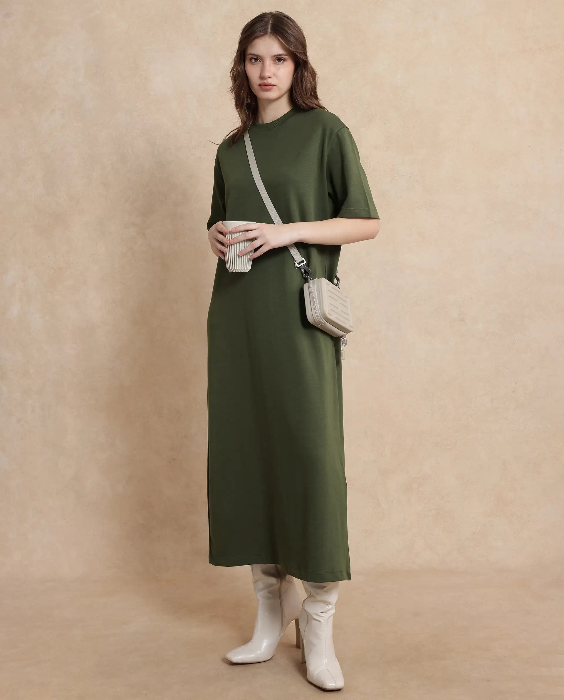 Rareism Women's Afrinca Olive Cotton Blend Fabric Crew Neck  Half Sleeve Plain Relaxed Fit Maxi Dress