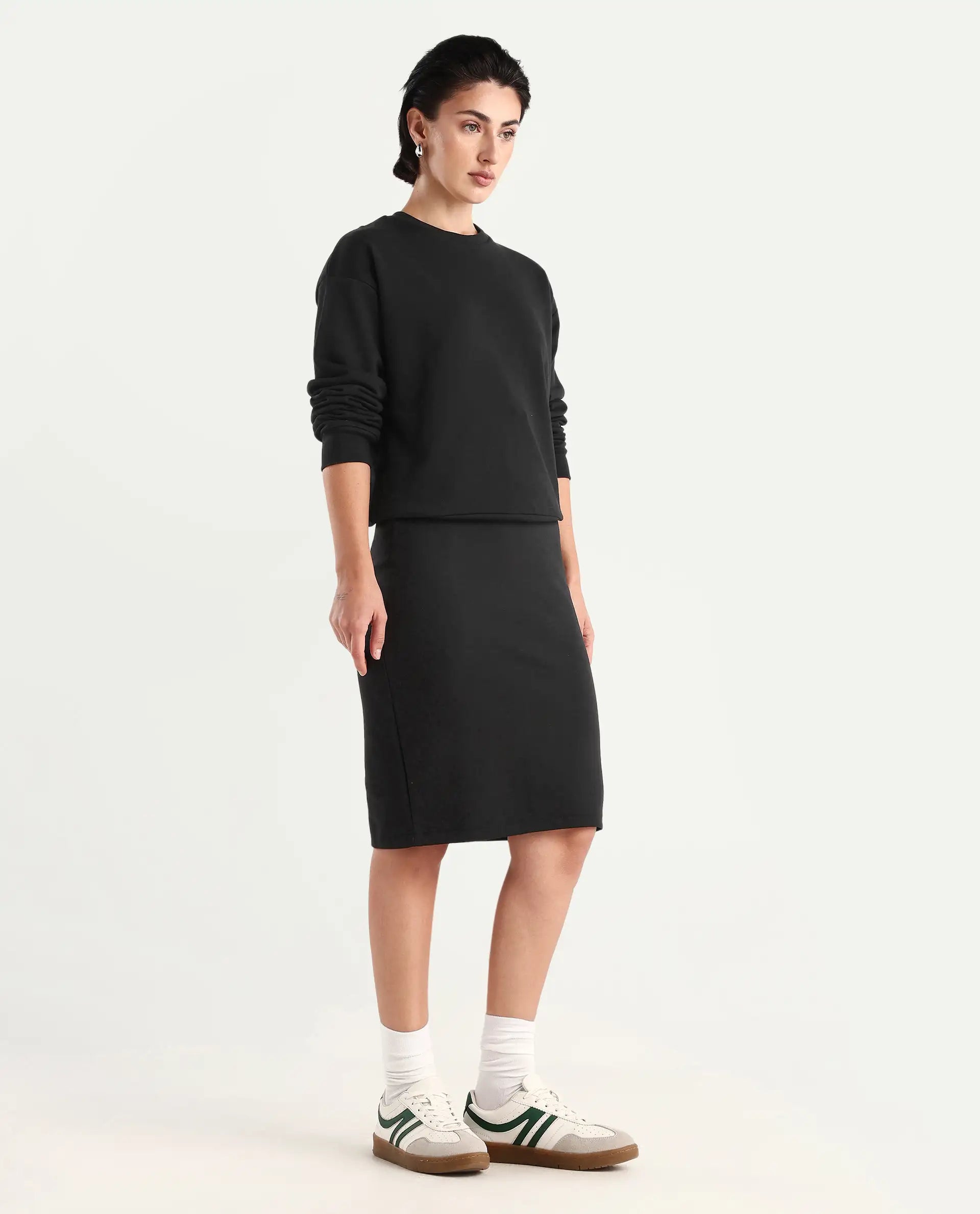 Rareism Women's Afsko B Black Cotton Plain Midi Straight Fit Skirt