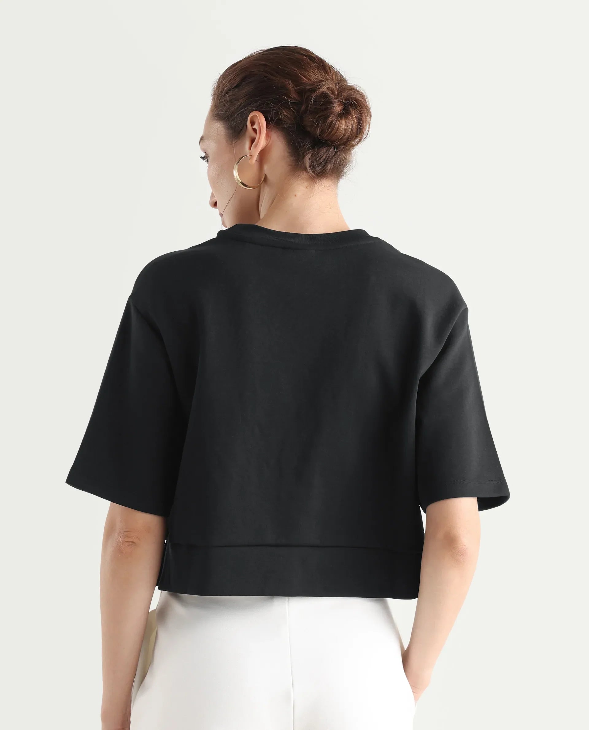 Rareism Women's Aftok T Black Linen Crew Neck Plain Crop Regular Fit T-Shirt