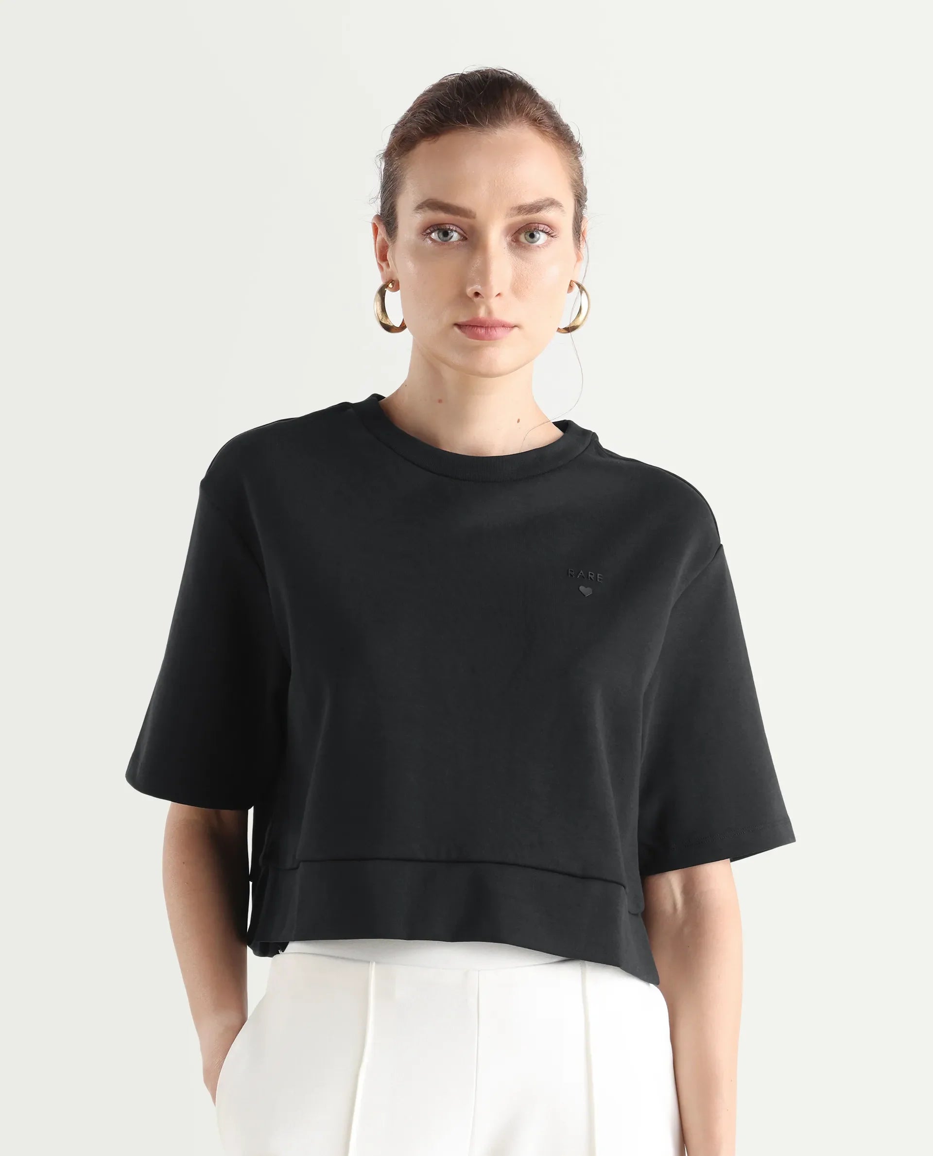 Rareism Women's Aftok T Black Linen Crew Neck Plain Crop Regular Fit T-Shirt