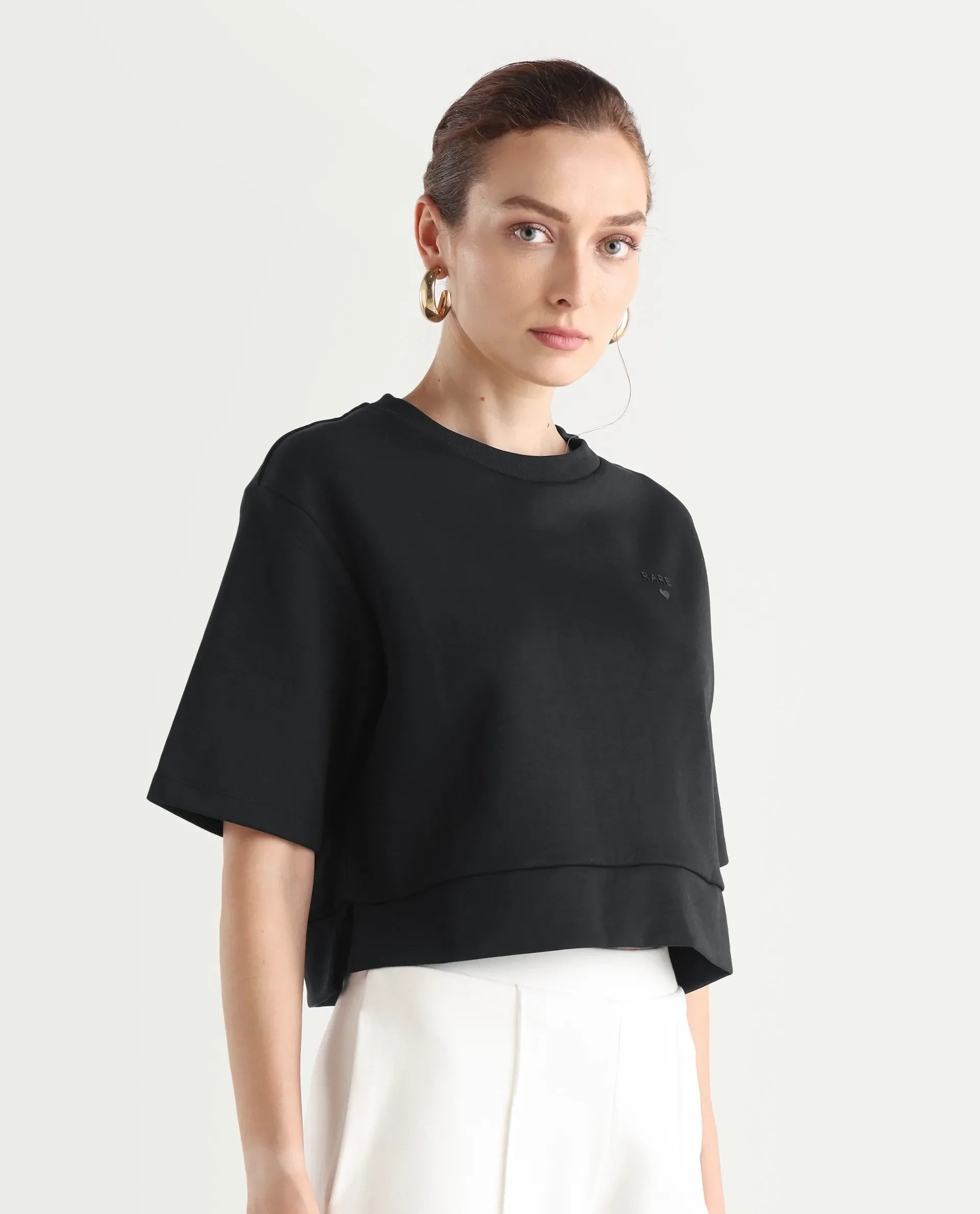 Rareism Women's Aftok T Black Linen Crew Neck Plain Crop Regular Fit T-Shirt
