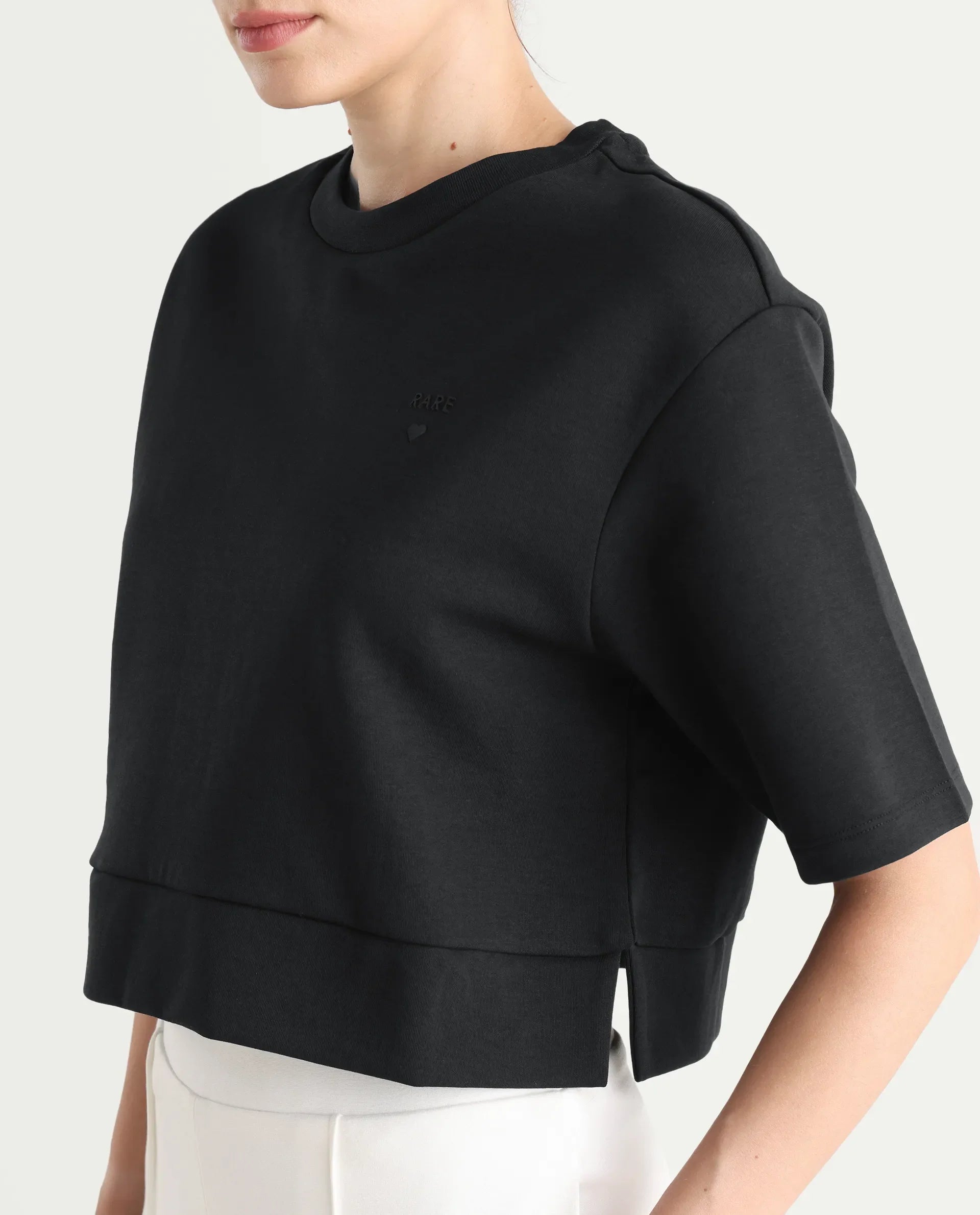 Rareism Women's Aftok T Black Linen Crew Neck Plain Crop Regular Fit T-Shirt