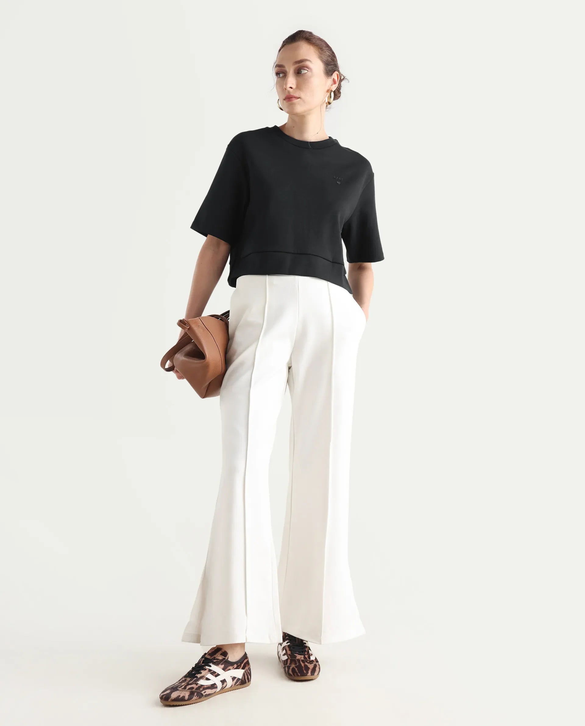 Rareism Women's Aftok T Black Linen Crew Neck Plain Crop Regular Fit T-Shirt
