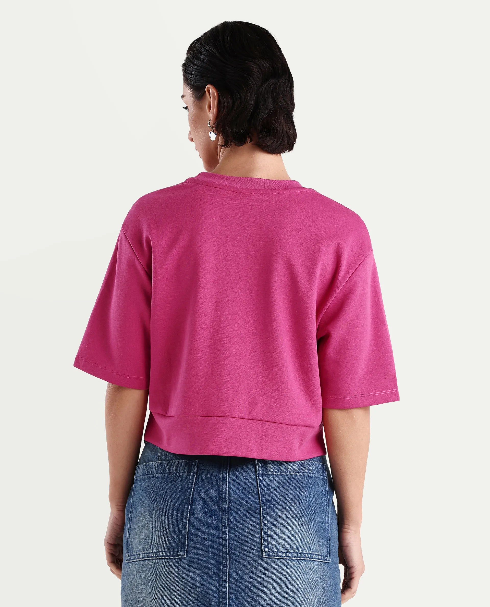 Rareism Women's Aftok T Pink Linen Crew Neck Plain Crop Regular Fit T-Shirt