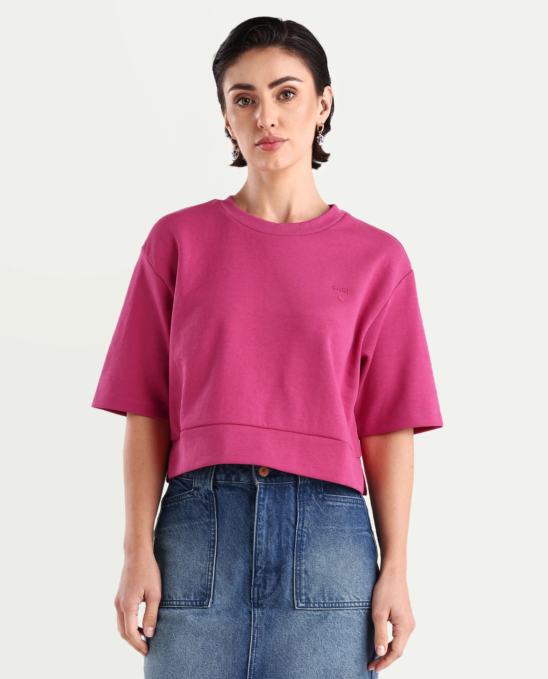 Rareism Women's Aftok T Pink Linen Crew Neck Plain Crop Regular Fit T-Shirt