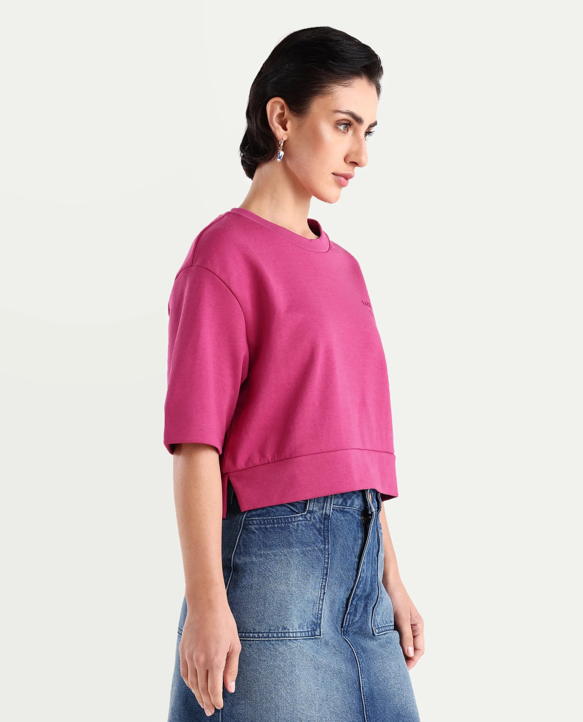 Rareism Women's Aftok T Pink Linen Crew Neck Plain Crop Regular Fit T-Shirt
