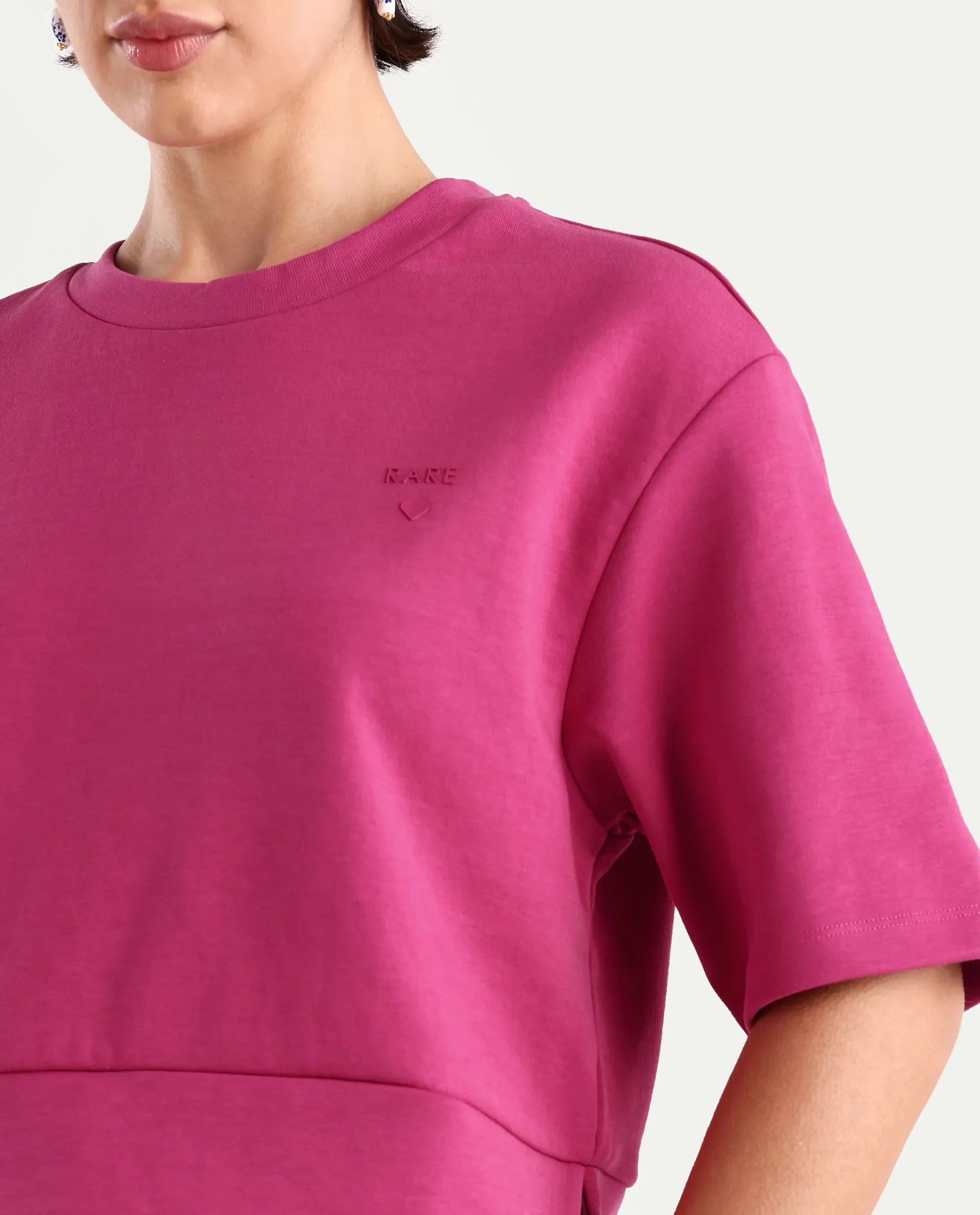 Rareism Women's Aftok T Pink Linen Crew Neck Plain Crop Regular Fit T-Shirt