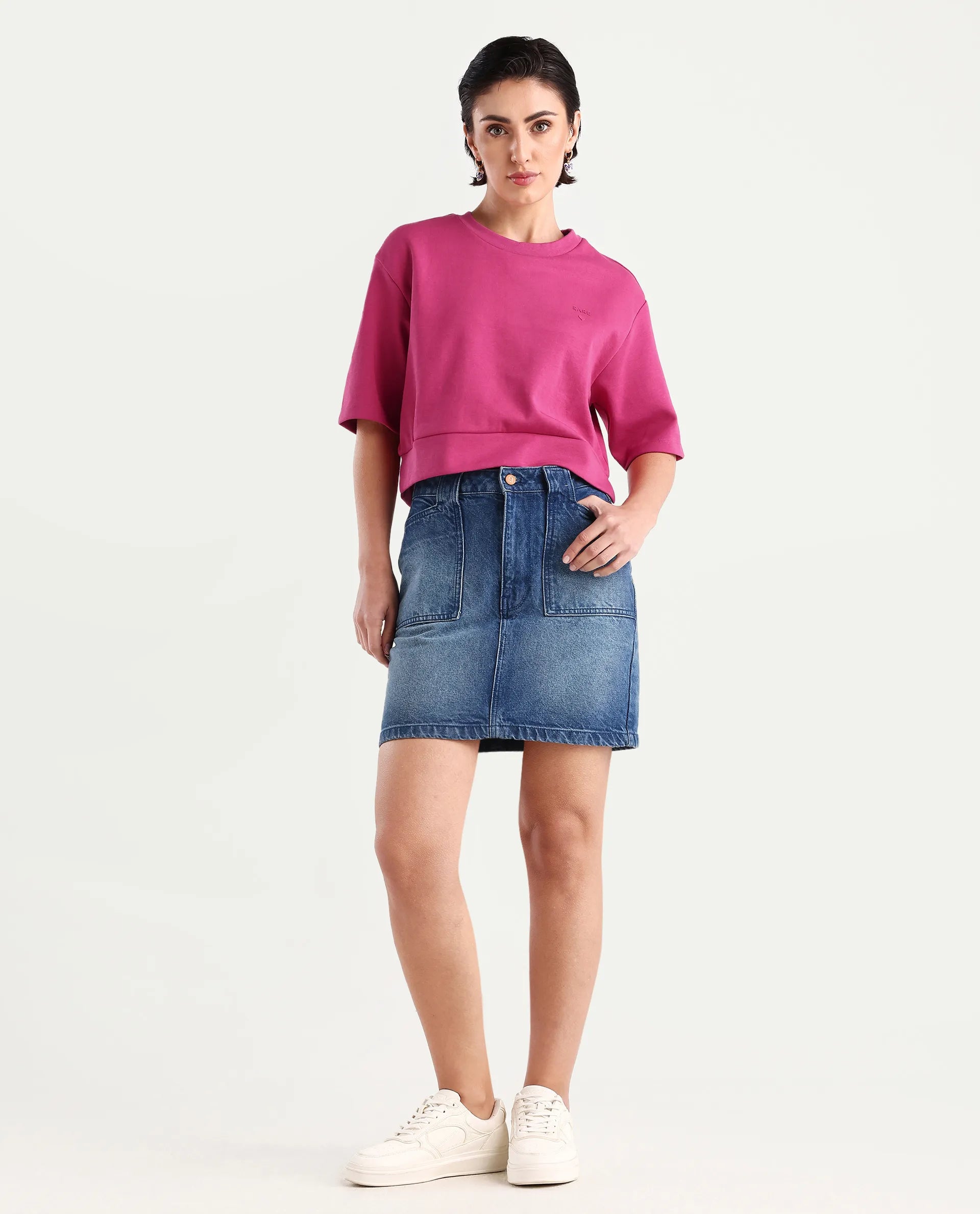 Rareism Women's Aftok T Pink Linen Crew Neck Plain Crop Regular Fit T-Shirt