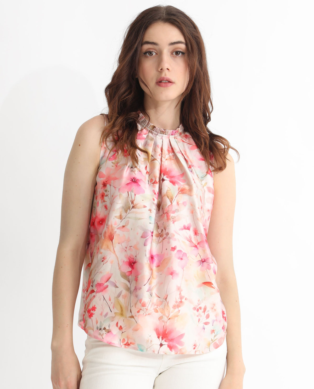 Rareism Women Agaro Multi Polyester Fabric Relaxed Fit Ruffled Neck Sleeveless Floral Print Top