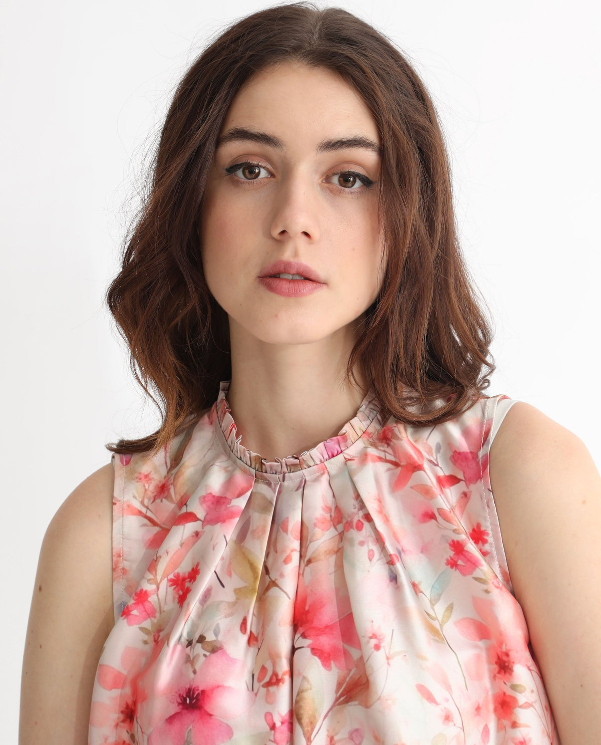 Rareism Women Agaro Multi Polyester Fabric Relaxed Fit Ruffled Neck Sleeveless Floral Print Top