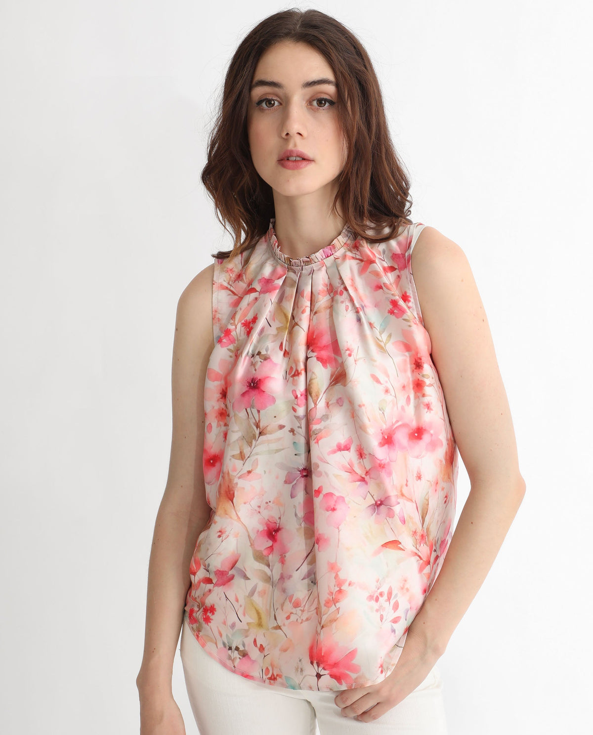 Rareism Women Agaro Multi Polyester Fabric Relaxed Fit Ruffled Neck Sleeveless Floral Print Top