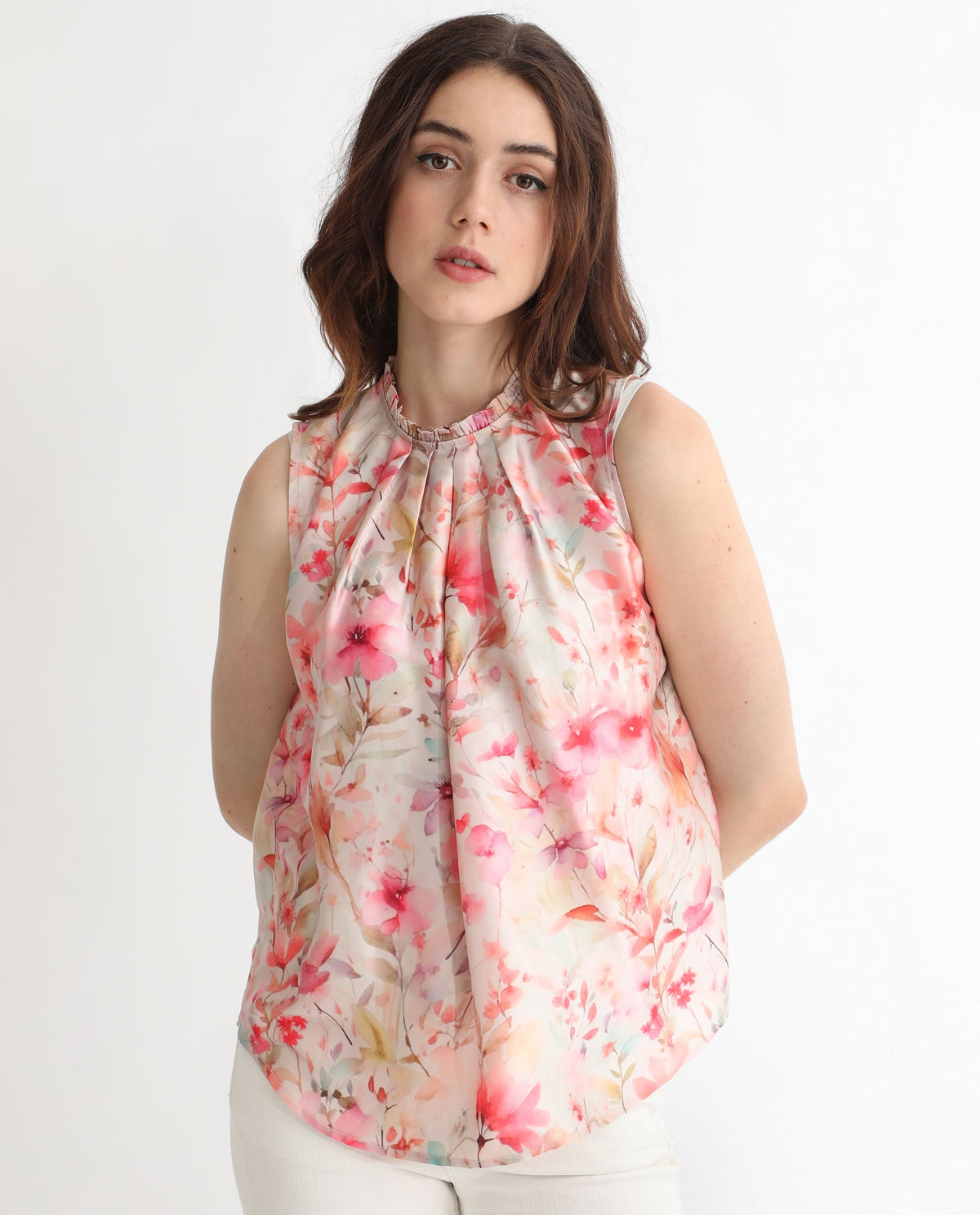 Rareism Women Agaro Multi Polyester Fabric Relaxed Fit Ruffled Neck Sleeveless Floral Print Top