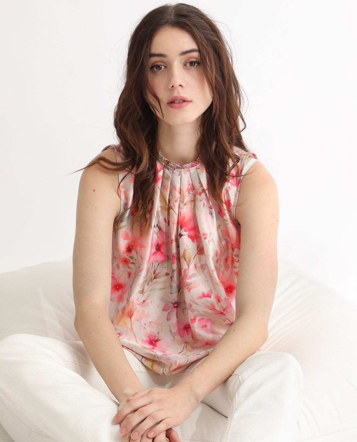 Rareism Women Agaro Multi Polyester Fabric Relaxed Fit Ruffled Neck Sleeveless Floral Print Top