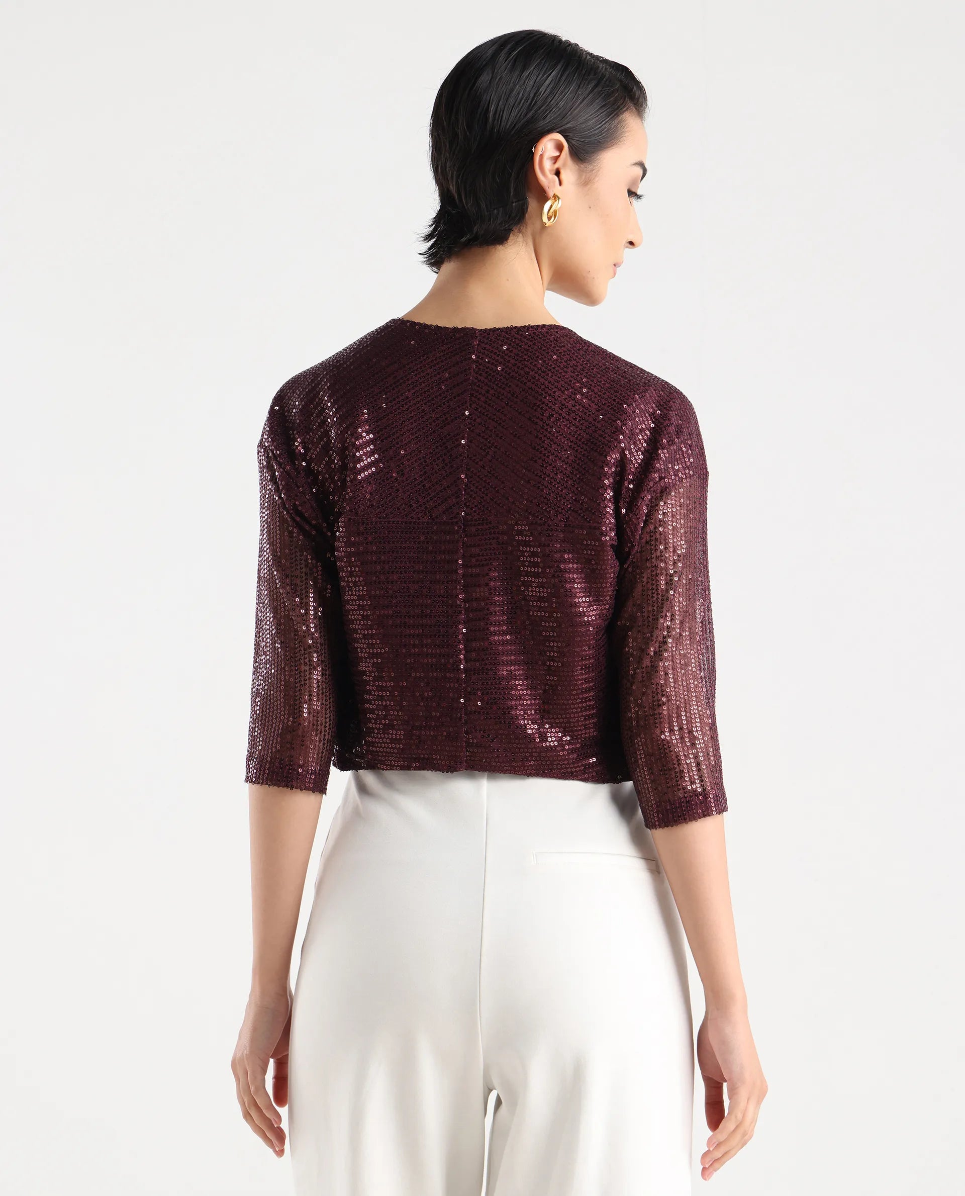 Rareism Women's Agog Maroon Nylon Collarless Sequined Knee Length Regular Fit Shrug