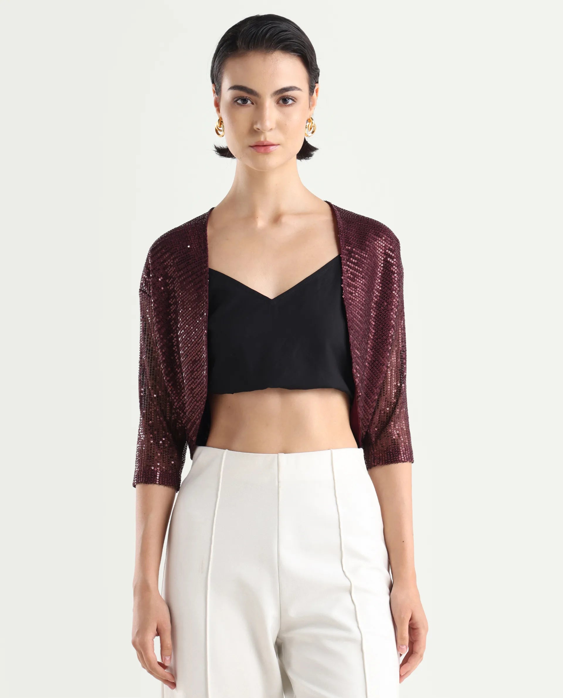 Rareism Women's Agog Maroon Nylon Collarless Sequined Knee Length Regular Fit Shrug