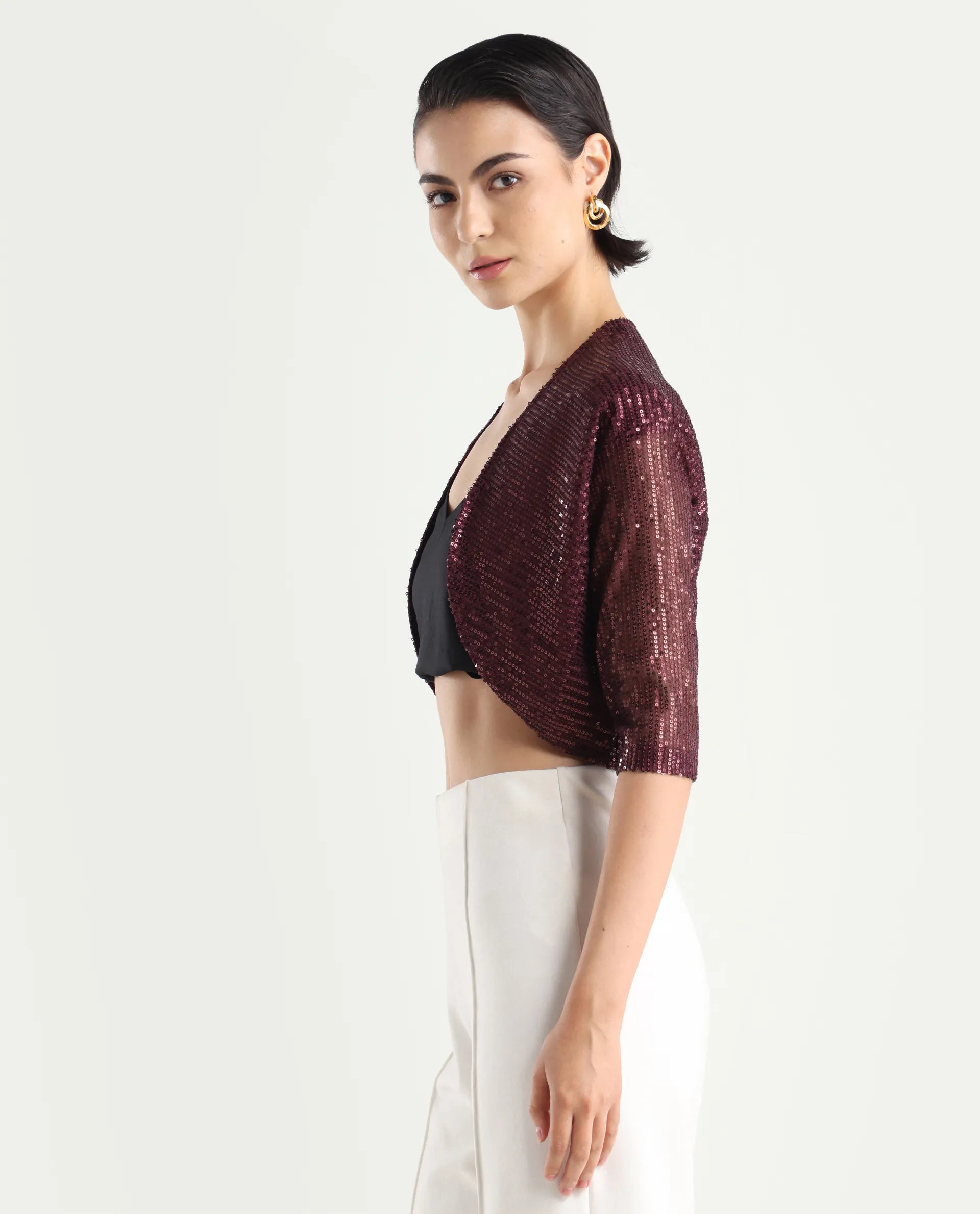 Rareism Women's Agog Maroon Nylon Collarless Sequined Knee Length Regular Fit Shrug