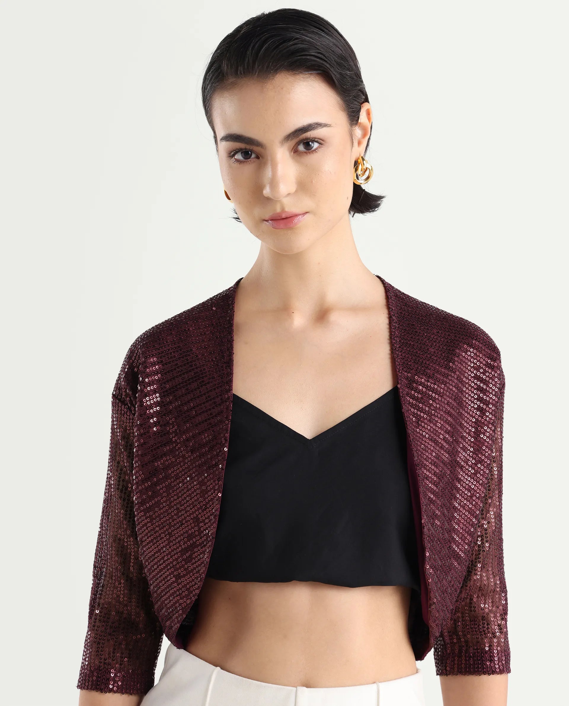 Rareism Women's Agog Maroon Nylon Collarless Sequined Knee Length Regular Fit Shrug