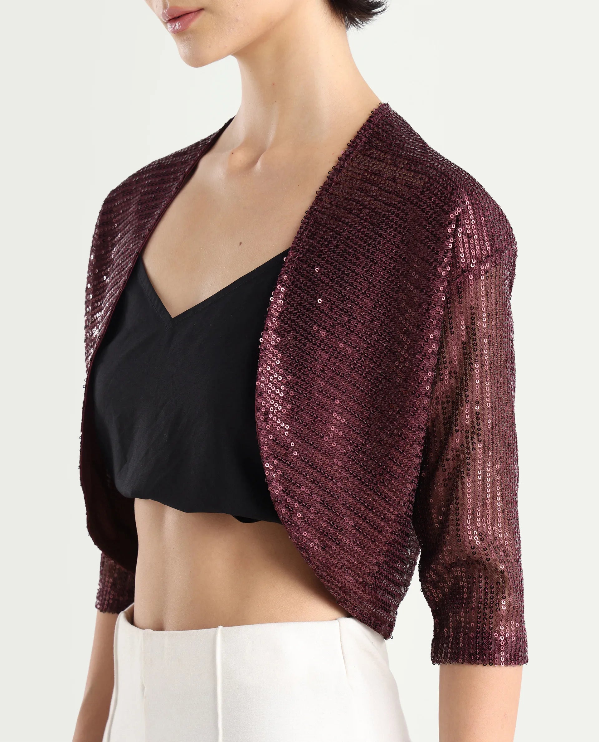 Rareism Women's Agog Maroon Nylon Collarless Sequined Knee Length Regular Fit Shrug